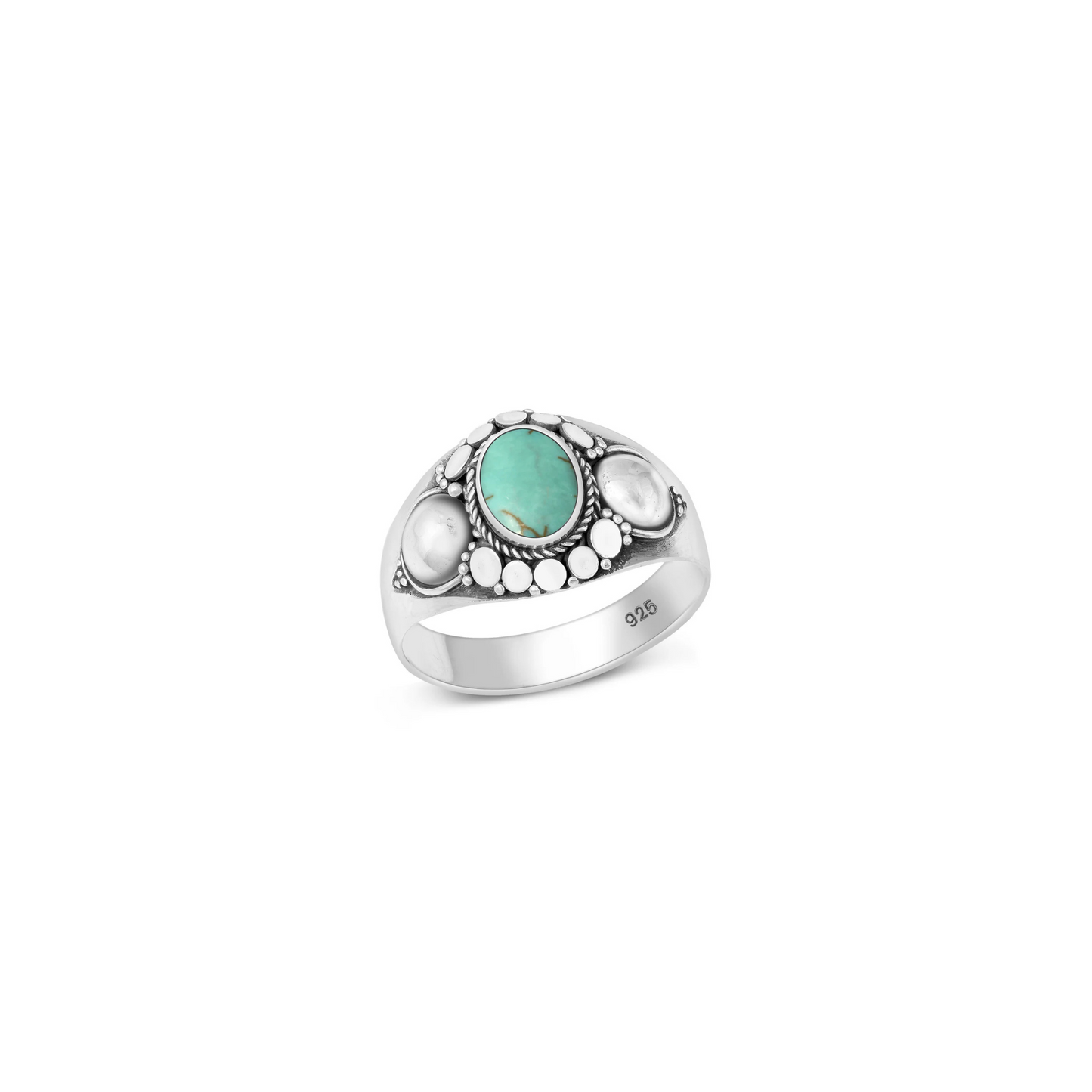 Sterling silver boho ring with genuine turquoise and silver bead detailing