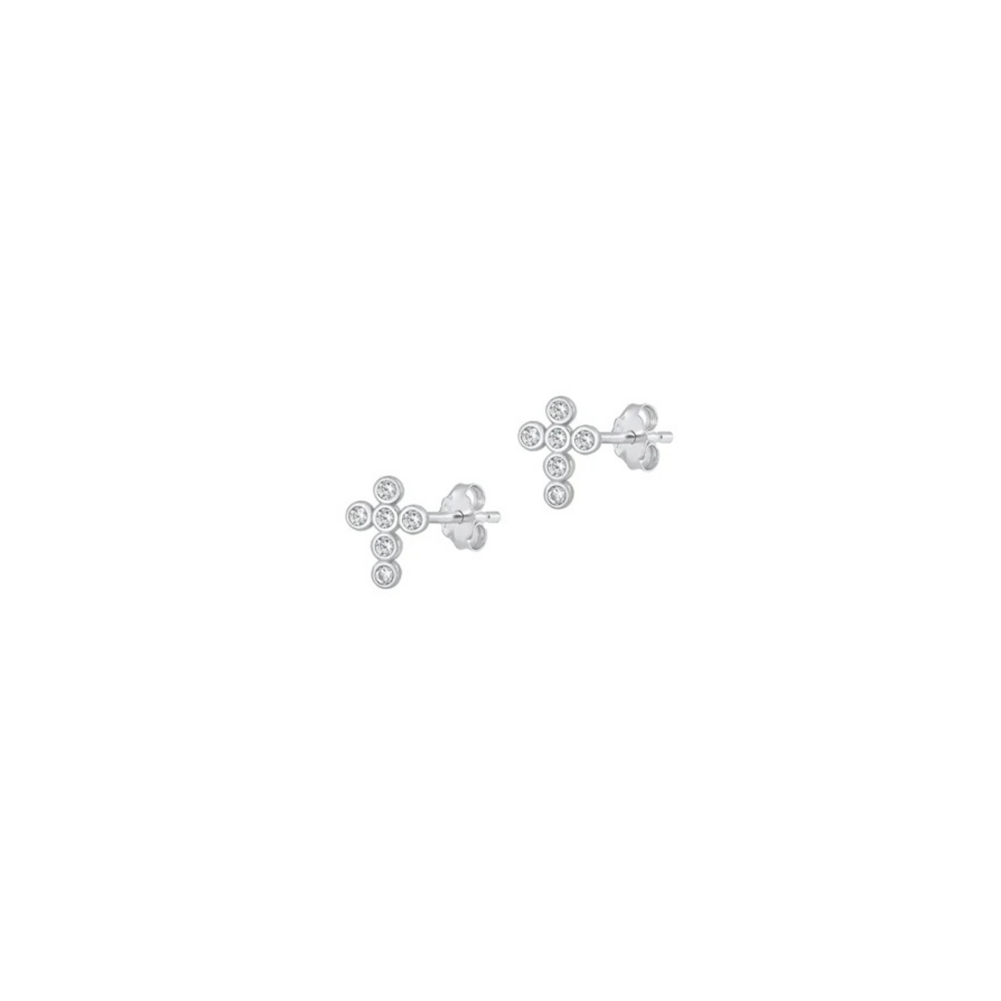 Dainty sterling silver cross stud earrings with clear cubic zirconia stones