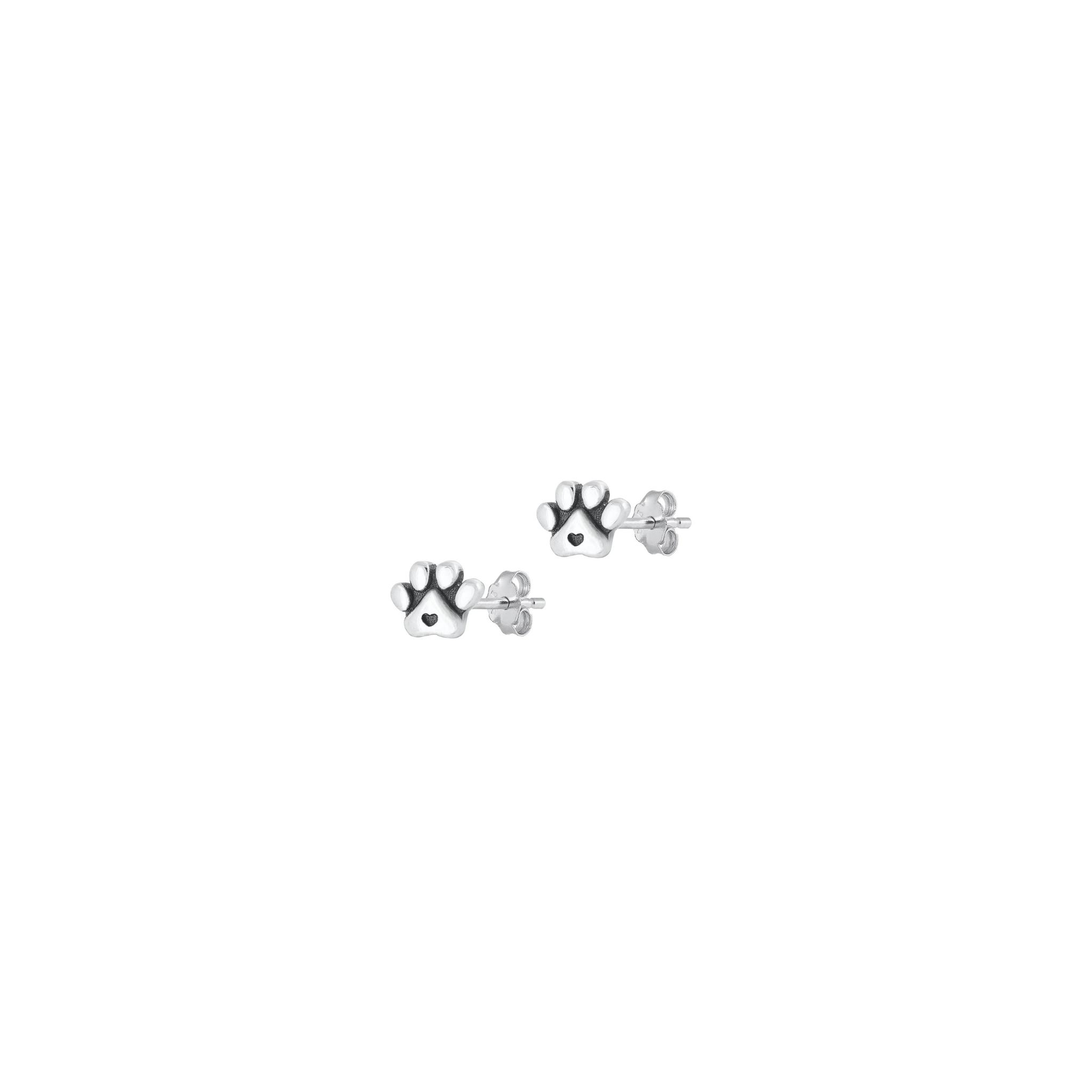 925 sterling silver paw print stud earrings with heart detail, oxidized finish, perfect for pet lovers