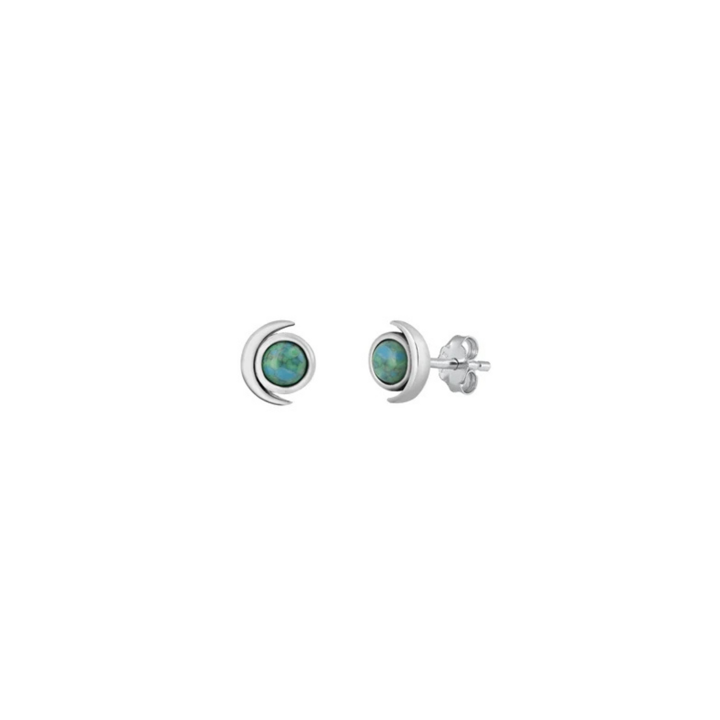 925 sterling silver crescent moon stud earrings with blue-green stone