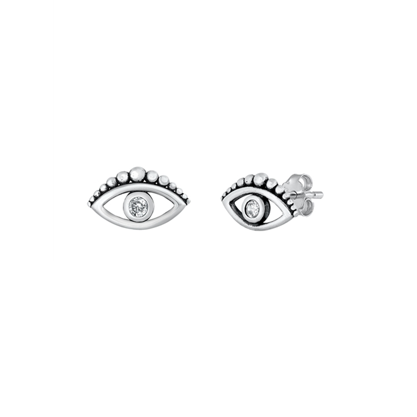 Sterling silver cubic zirconia eye stud earrings with oxidized details, representing protection and elegance.