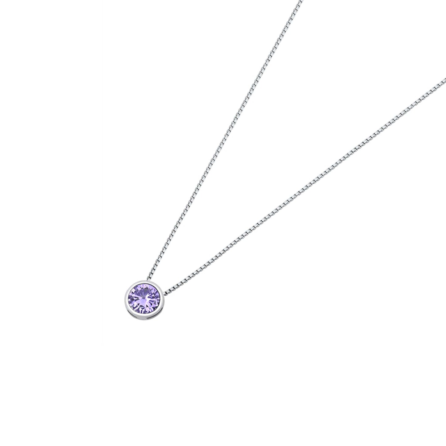 Sterling silver CZ necklace with a bezel solitaire design, featuring a 6 mm stone available in clear, lavender, and pink.