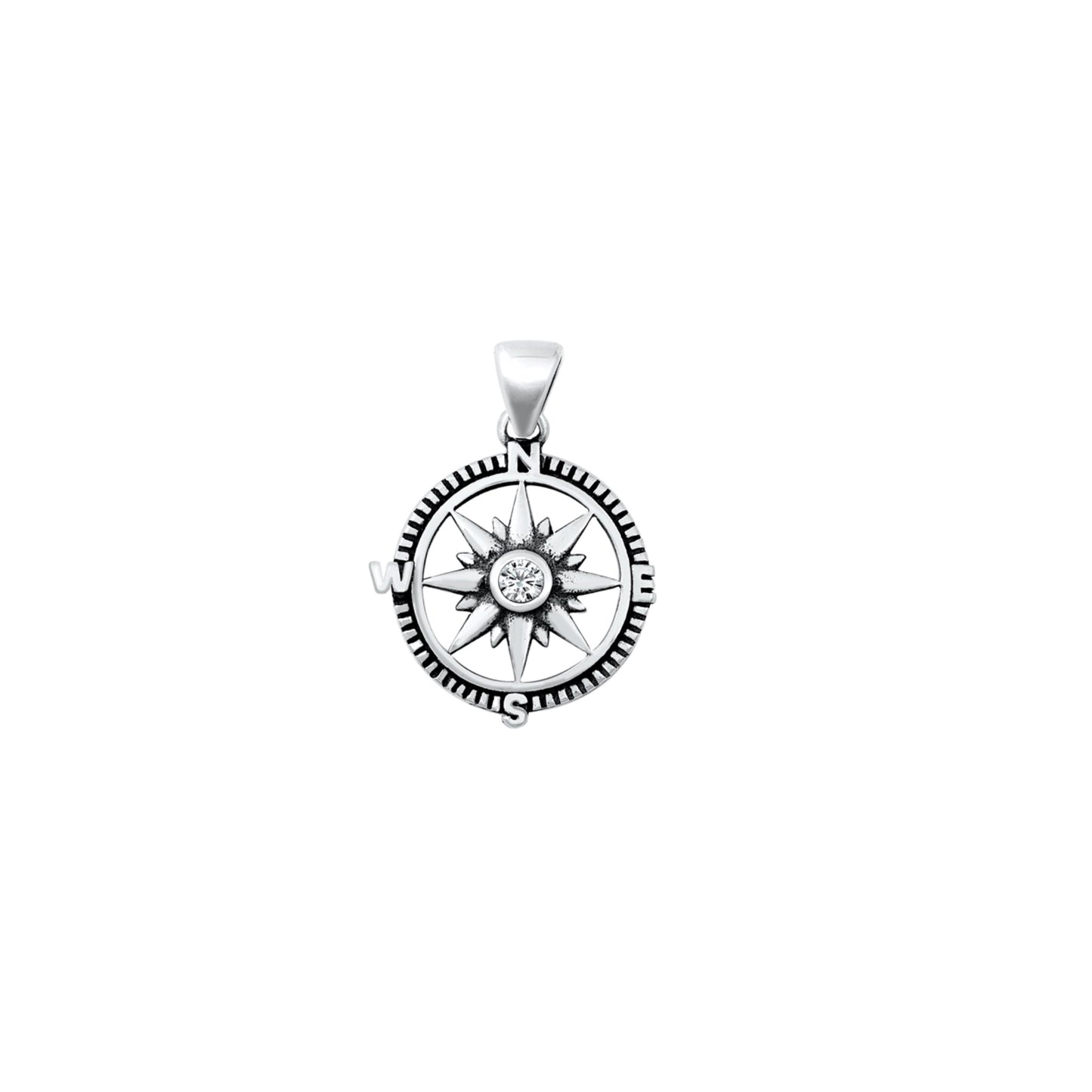 925 sterling silver compass pendant with CZ center, travel-inspired charm, nautical-style design