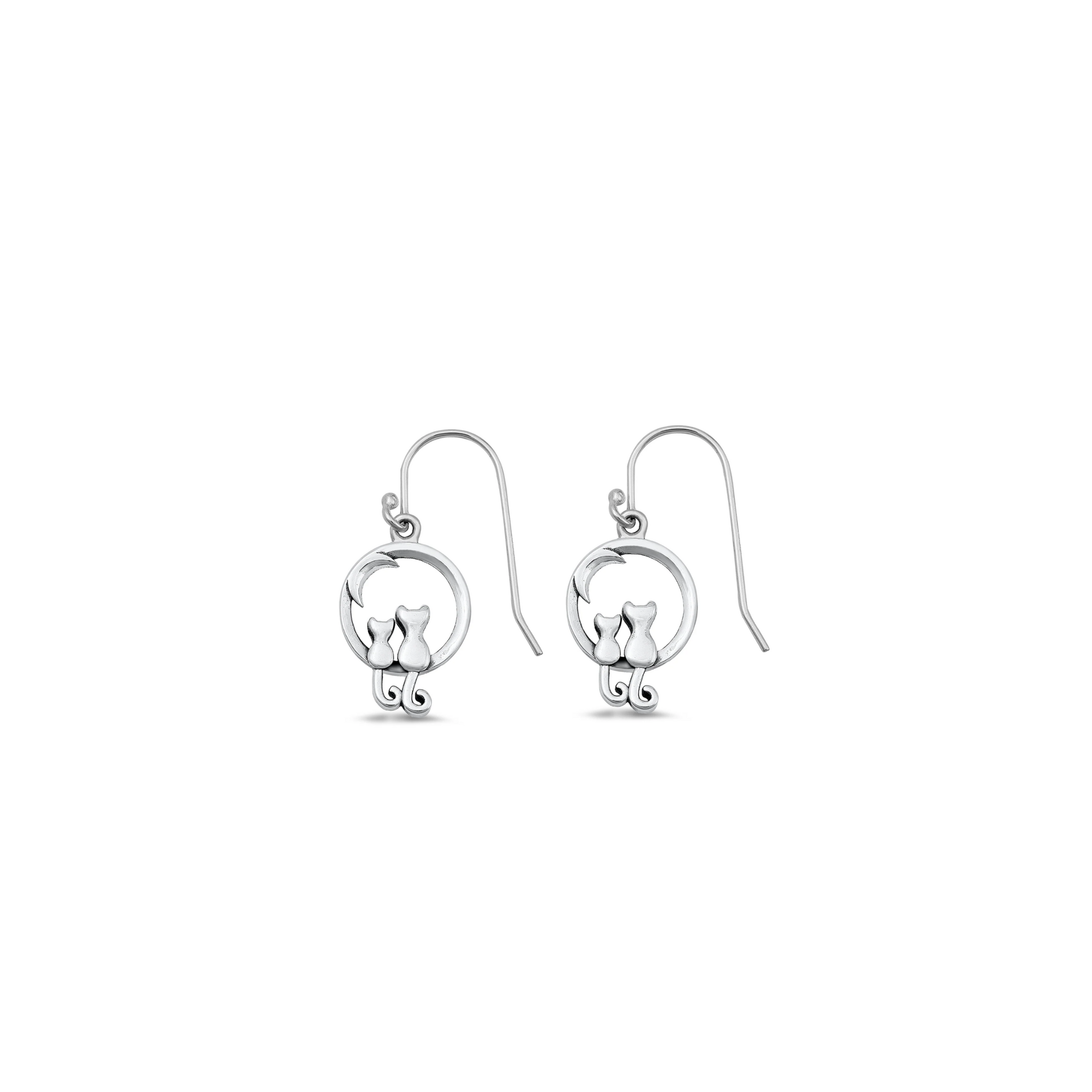 925 sterling silver cats on the moon drop earrings with crescent moon design, minimalist boho cat jewellery