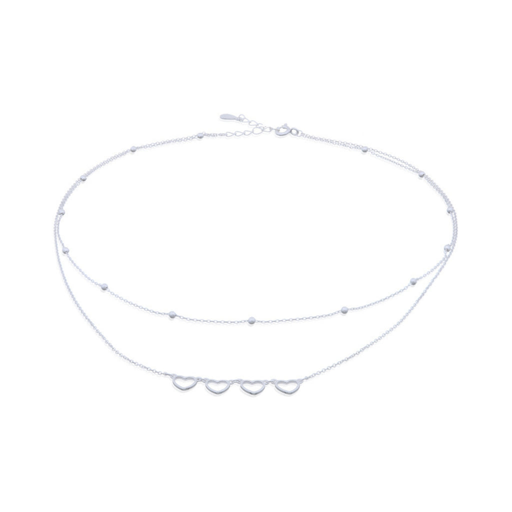 925 sterling silver layered linked hearts necklace with double chain design