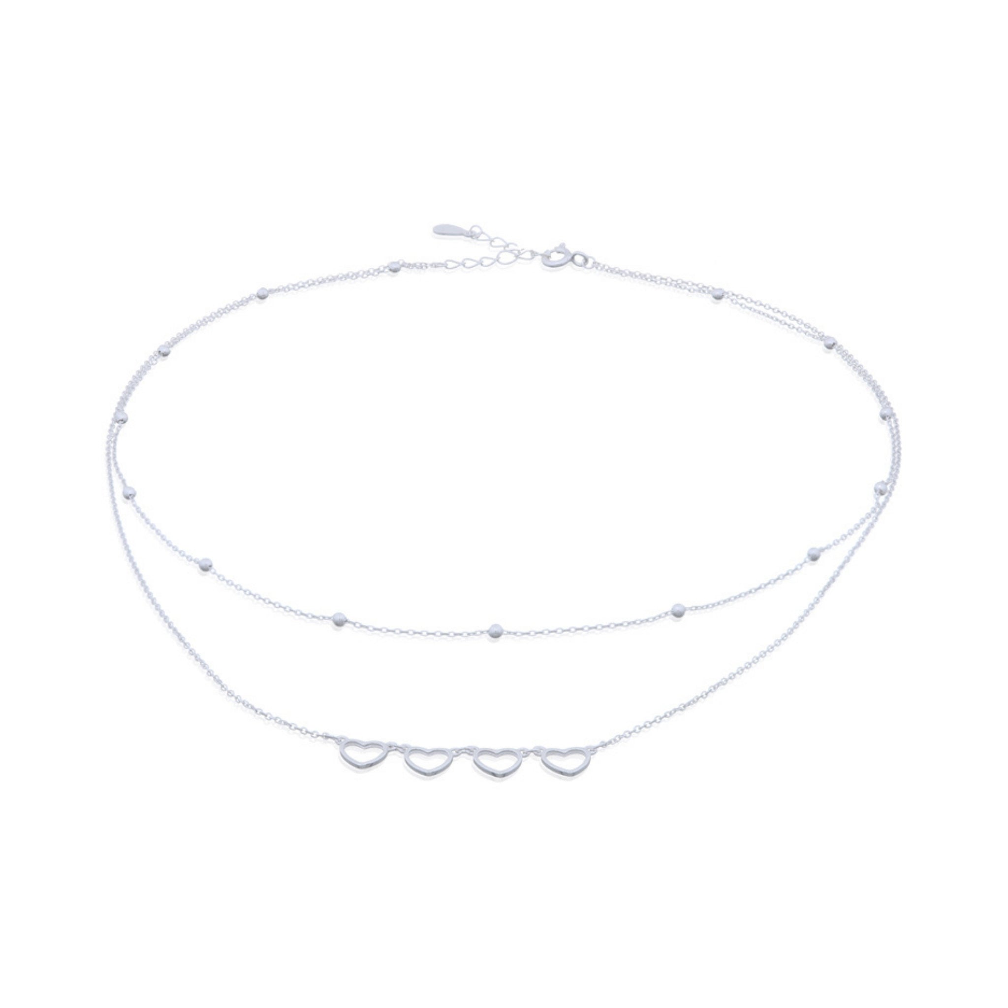 925 sterling silver layered linked hearts necklace with double chain design