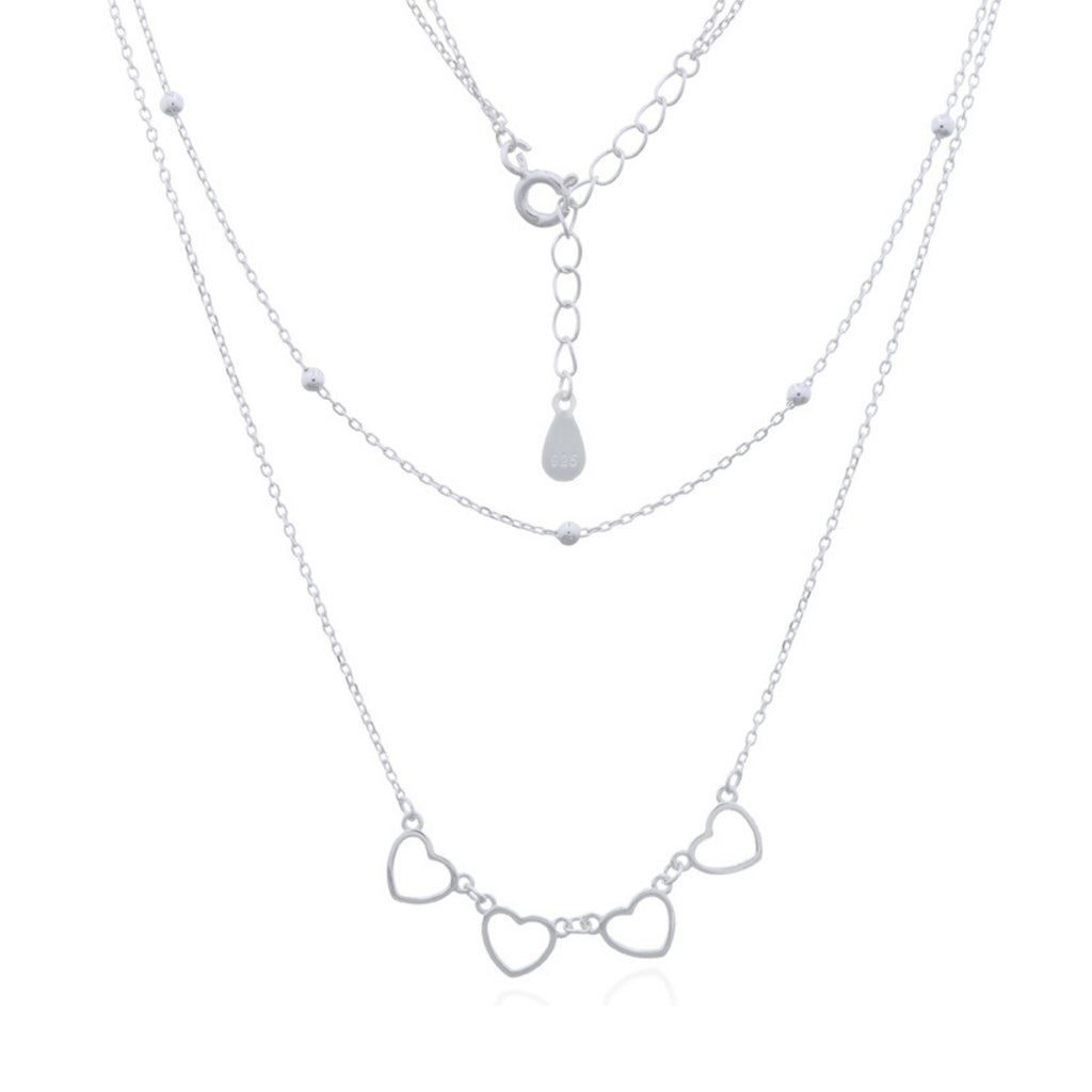 925 sterling silver layered linked hearts necklace with double chain design