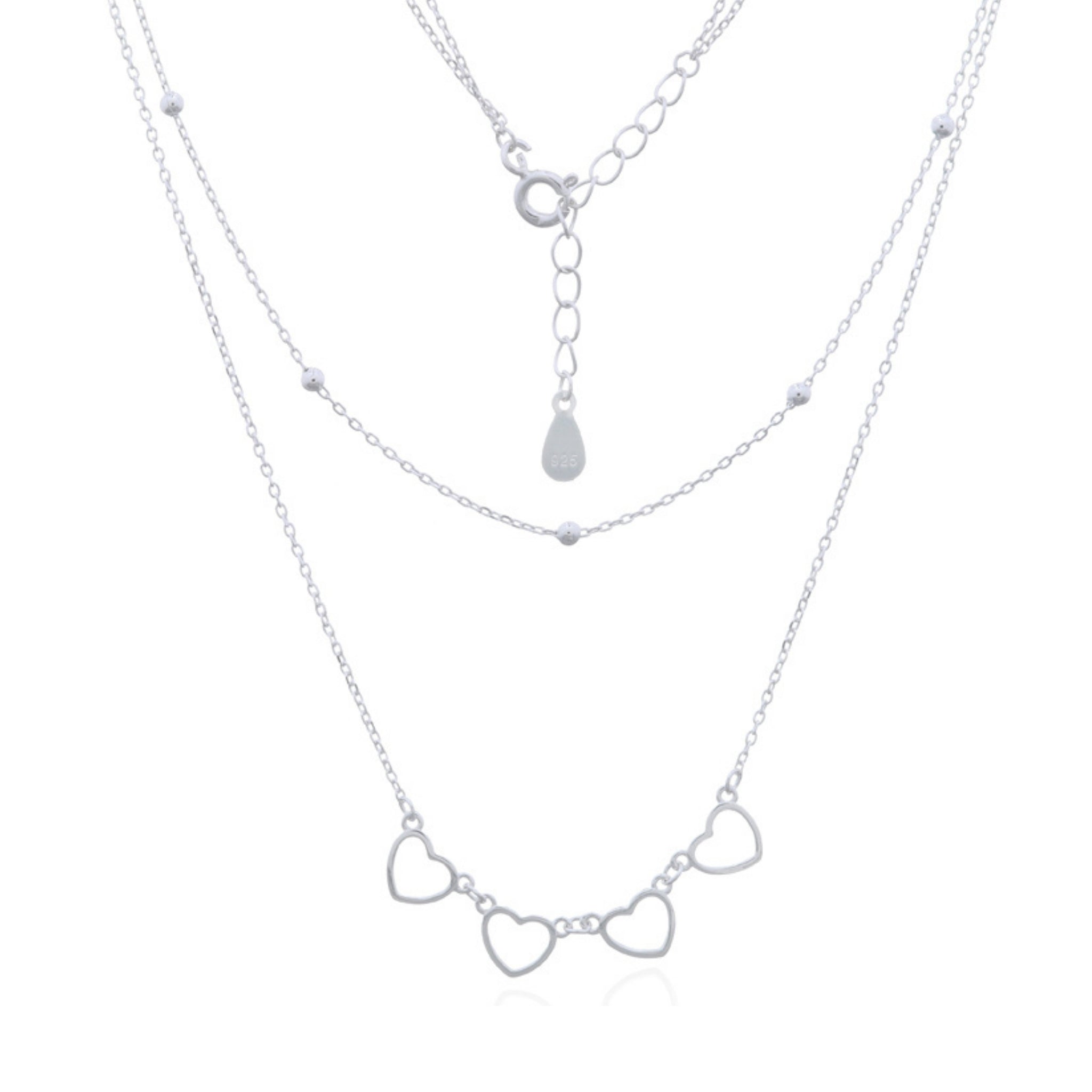 925 sterling silver layered linked hearts necklace with double chain design