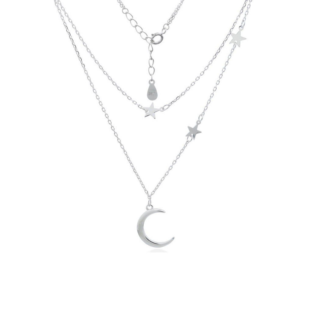 925 sterling silver layered moon and stars necklace with crescent moon charm