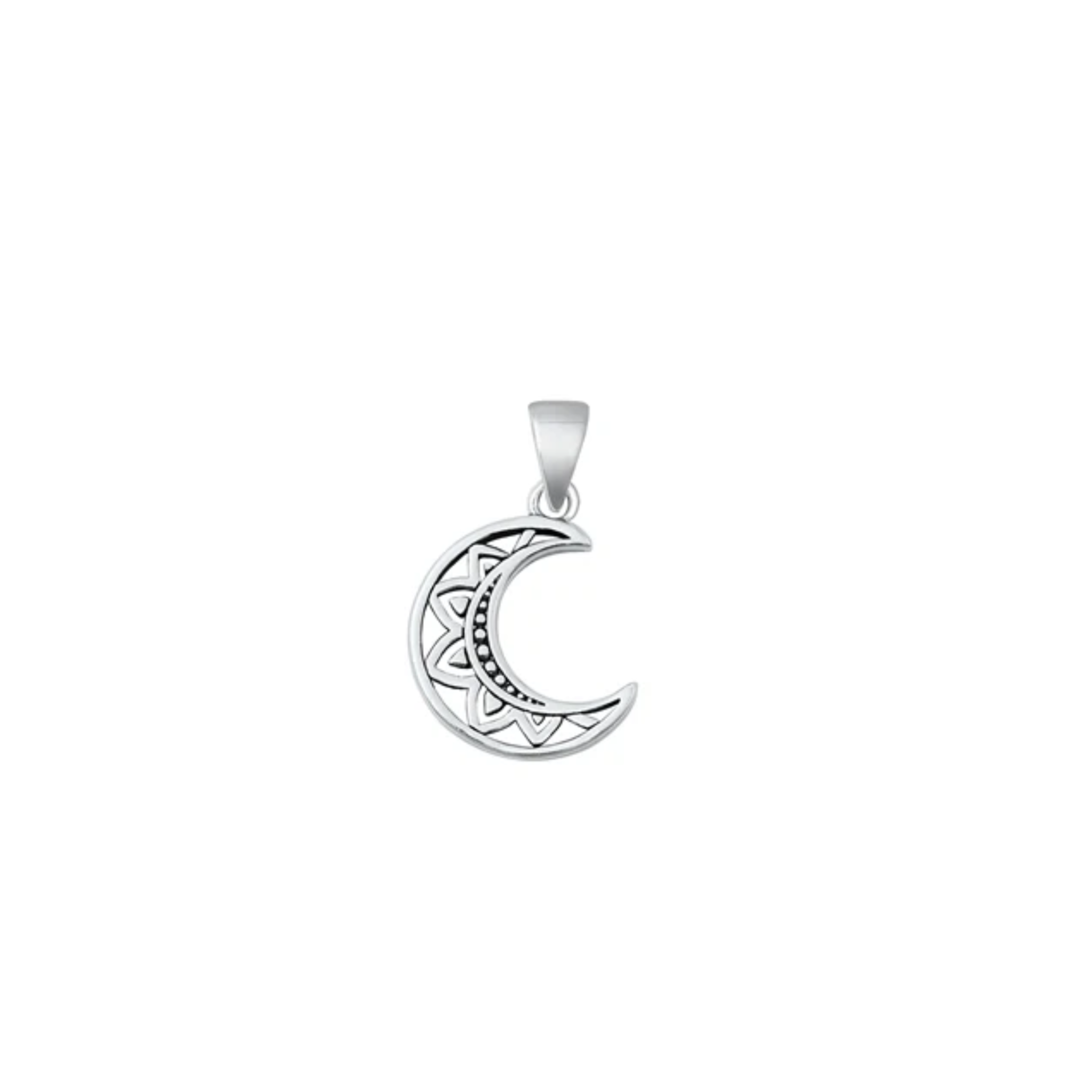 925 sterling silver mandala crescent moon pendant with intricate boho geometric design, celestial silver jewellery