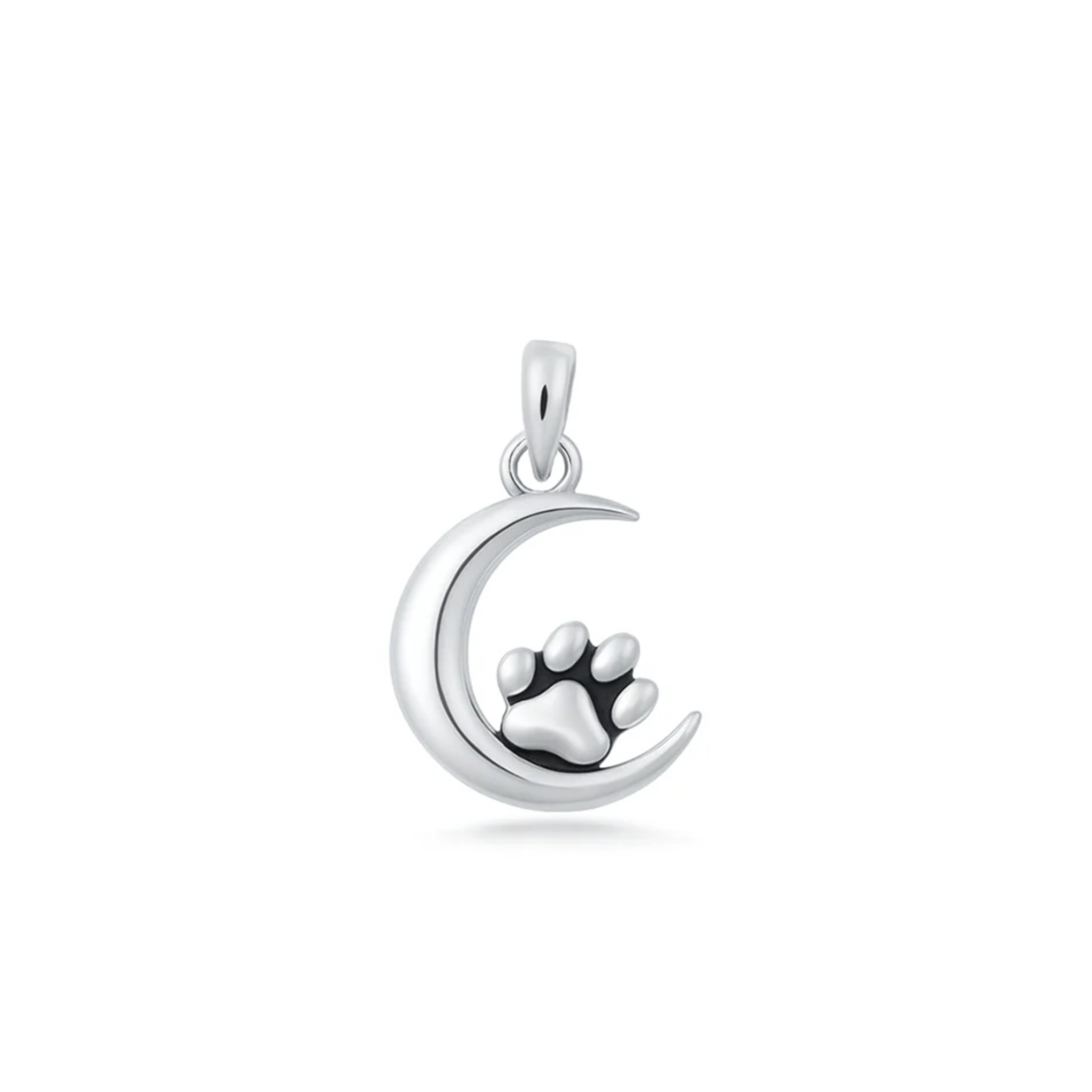 925 sterling silver crescent moon pendant with oxidized paw print, polished .