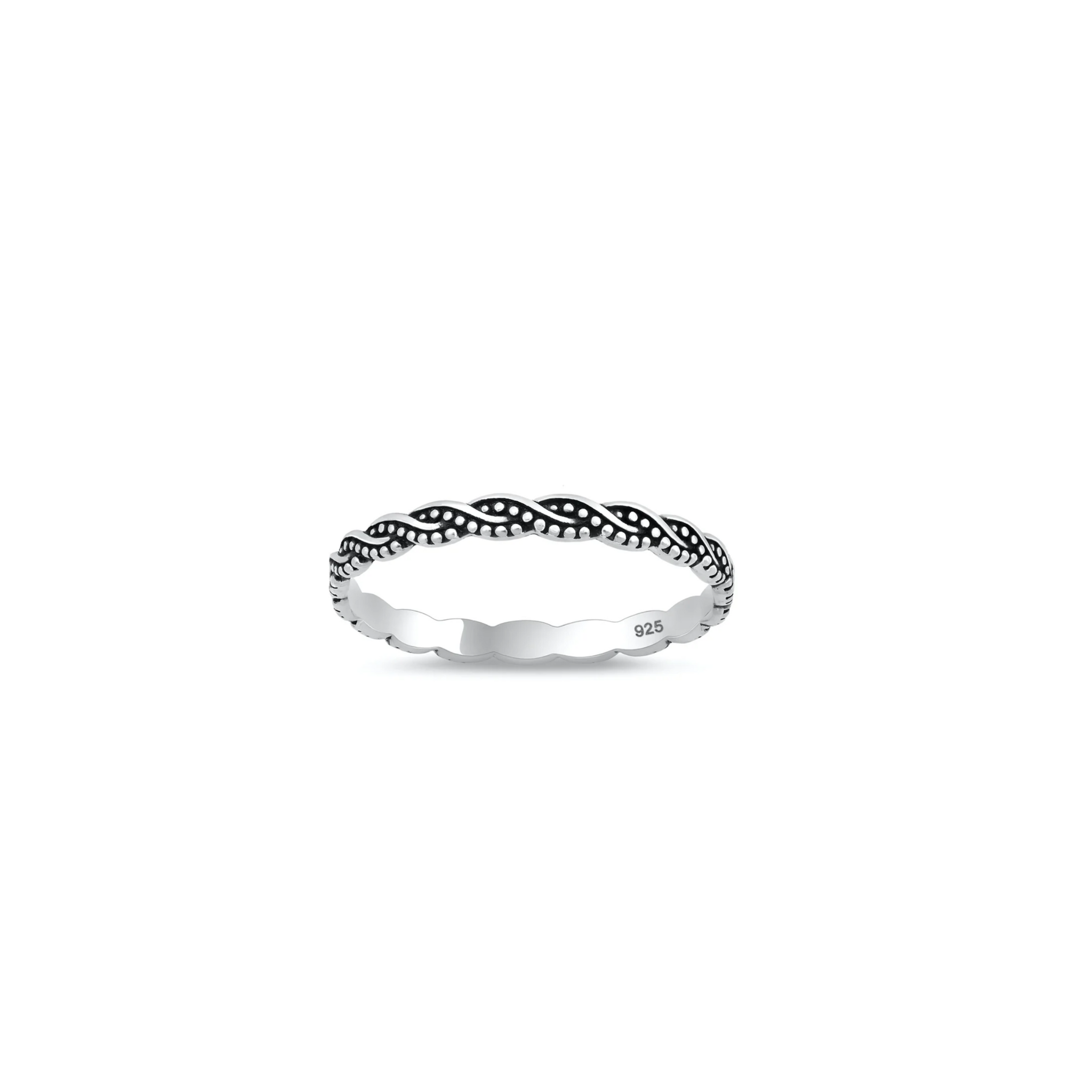 925 sterling silver wavy beaded band ring with oxidised detail, minimalist boho stacking silver ring