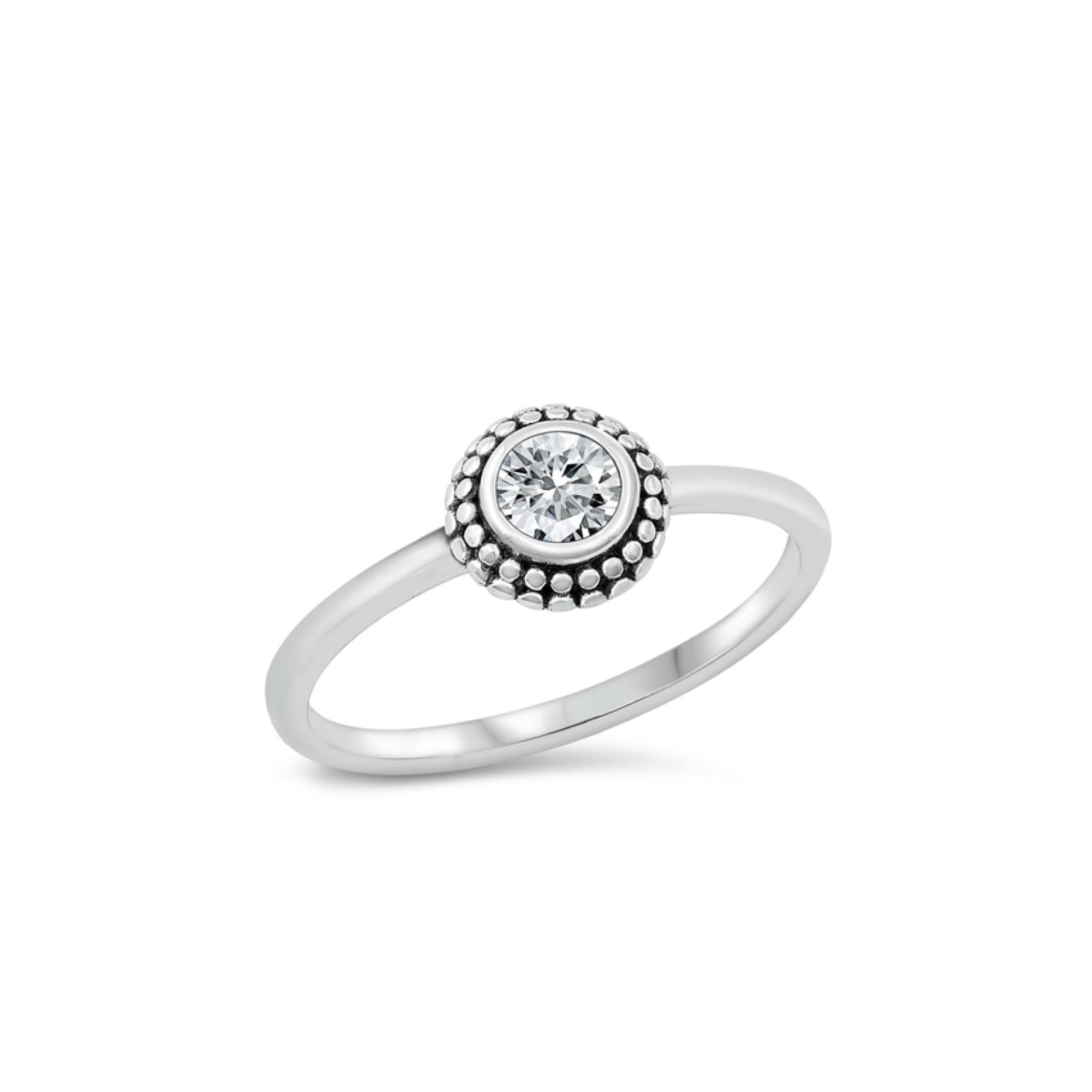 Sterling silver solitaire ring, Bali-inspired oxidized design, cubic zirconia stone
