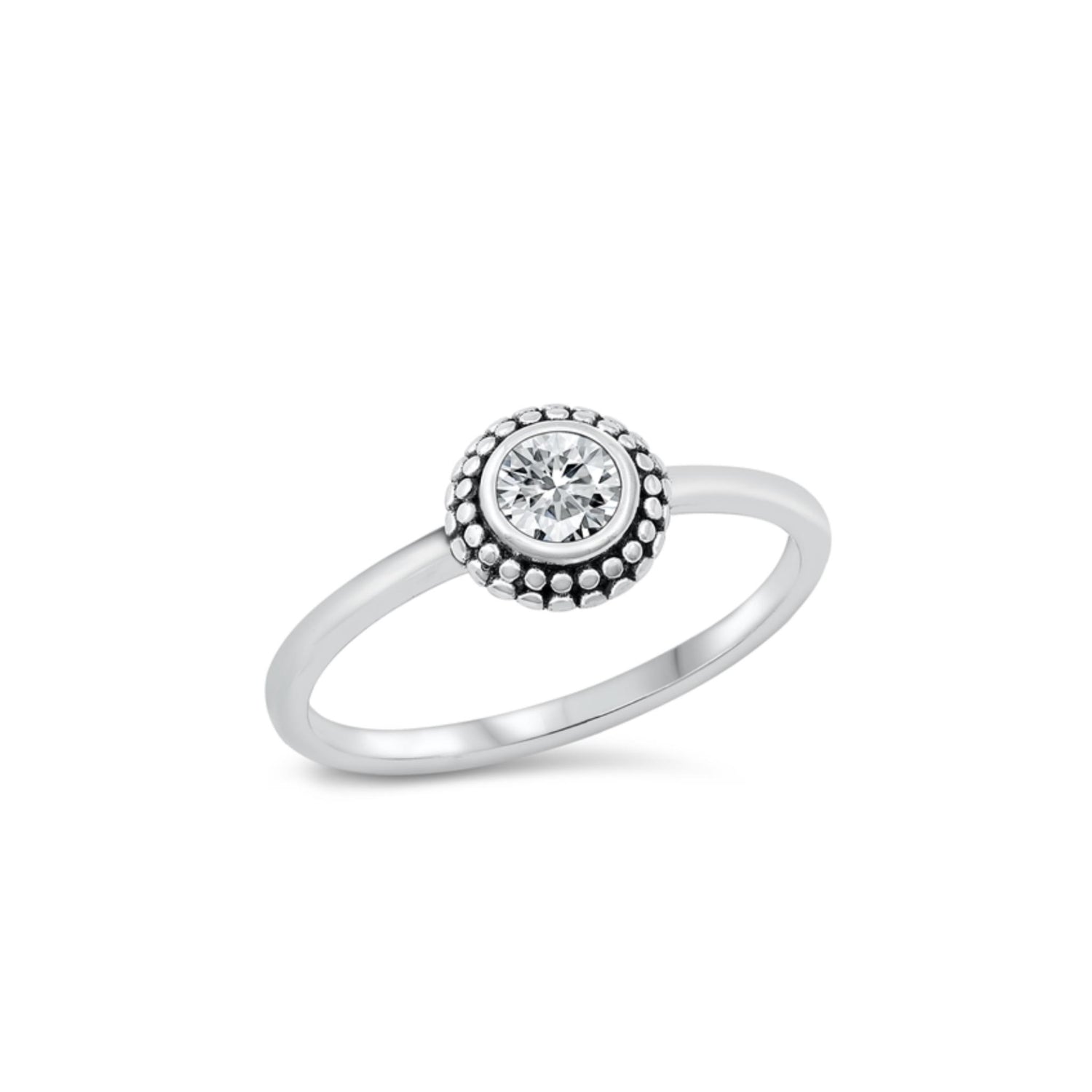 Sterling silver solitaire ring, Bali-inspired oxidized design, cubic zirconia stone