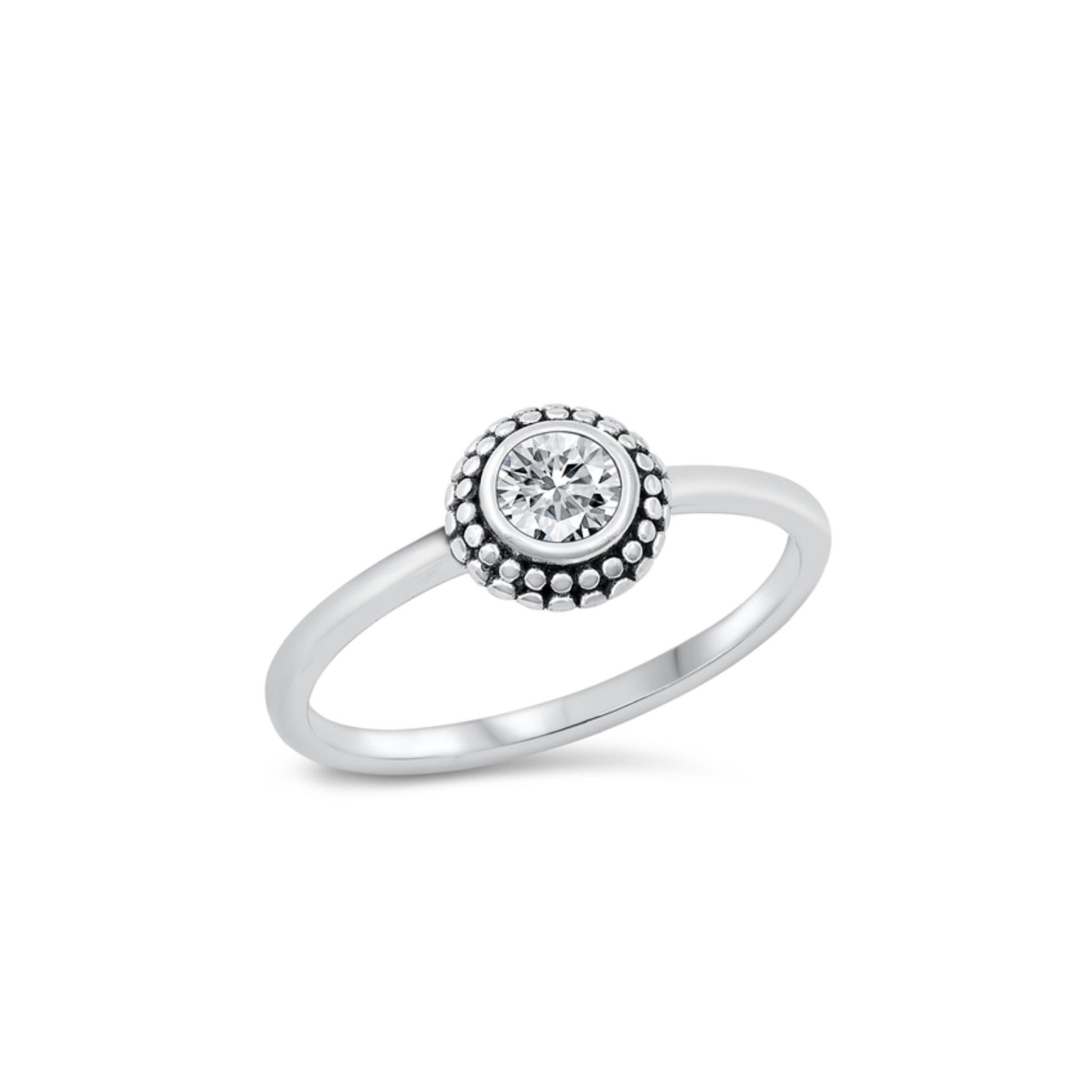 Sterling silver solitaire ring, Bali-inspired oxidized design, cubic zirconia stone