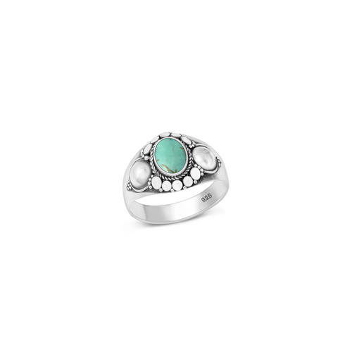 Sterling silver boho ring with genuine turquoise and silver bead detailing