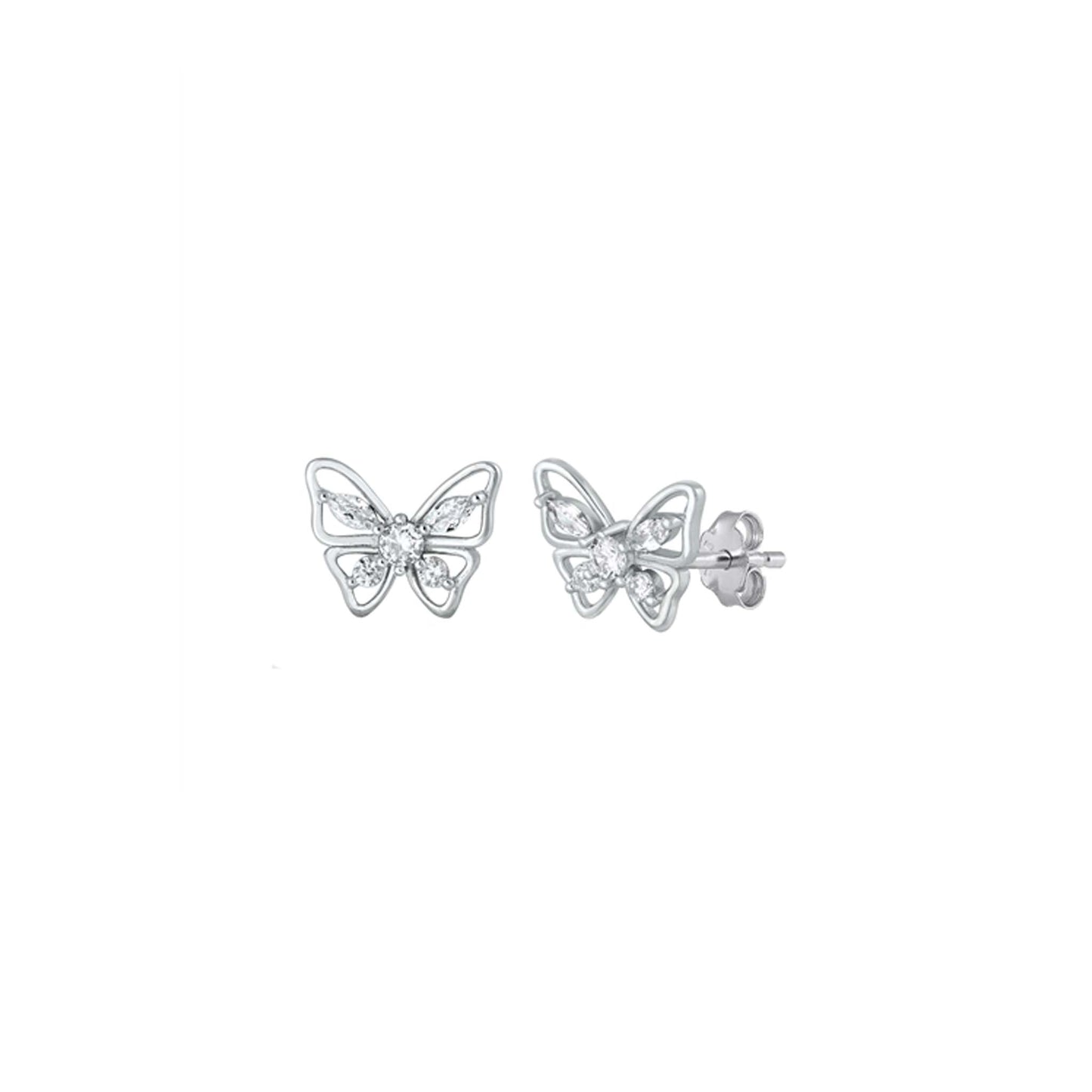 Sterling silver butterfly stud earrings with sparkly clear CZ stones—cute, lightweight, and perfect for everyday wear!