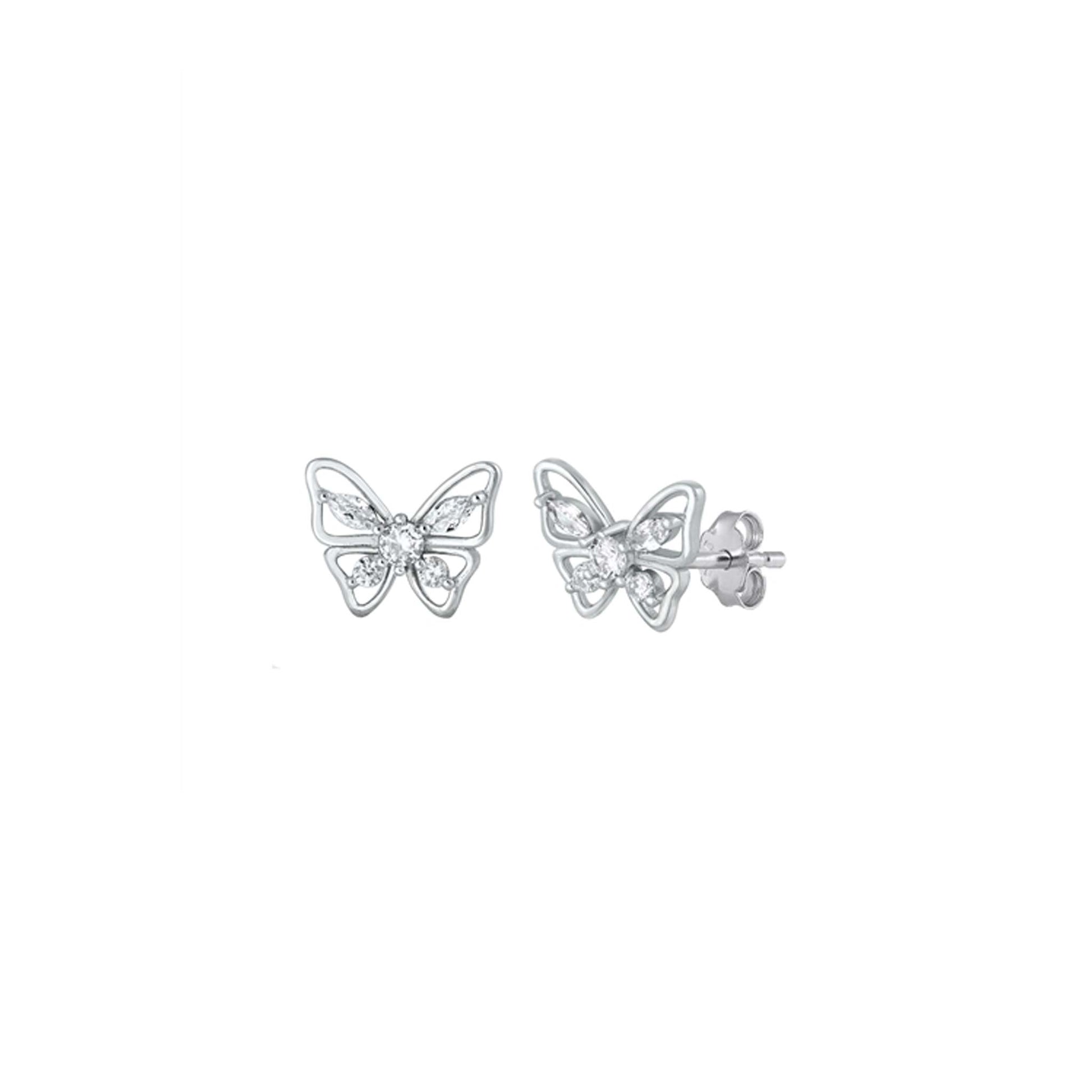 Sterling silver butterfly stud earrings with sparkly clear CZ stones—cute, lightweight, and perfect for everyday wear!
