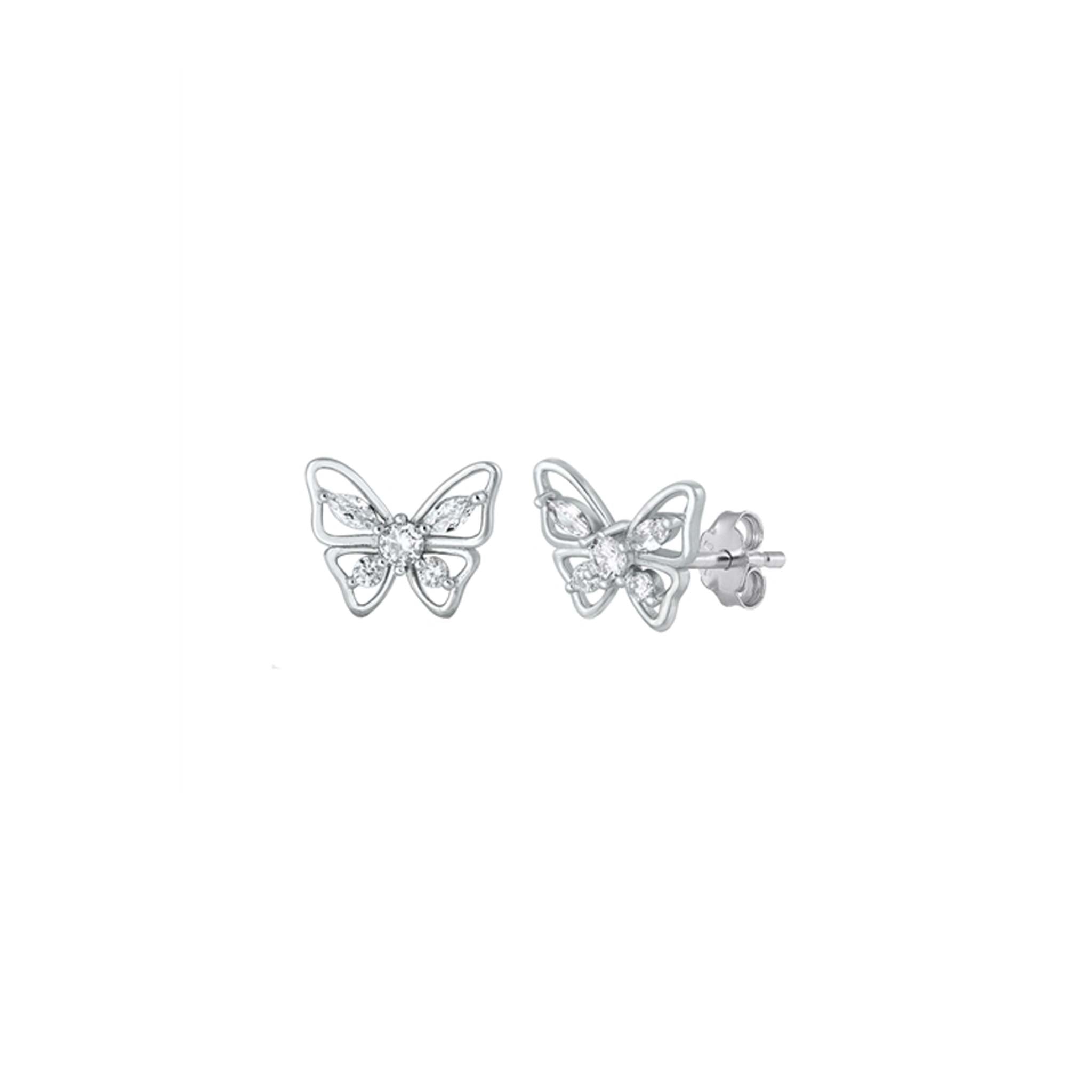 Sterling silver butterfly stud earrings with sparkly clear CZ stones—cute, lightweight, and perfect for everyday wear!