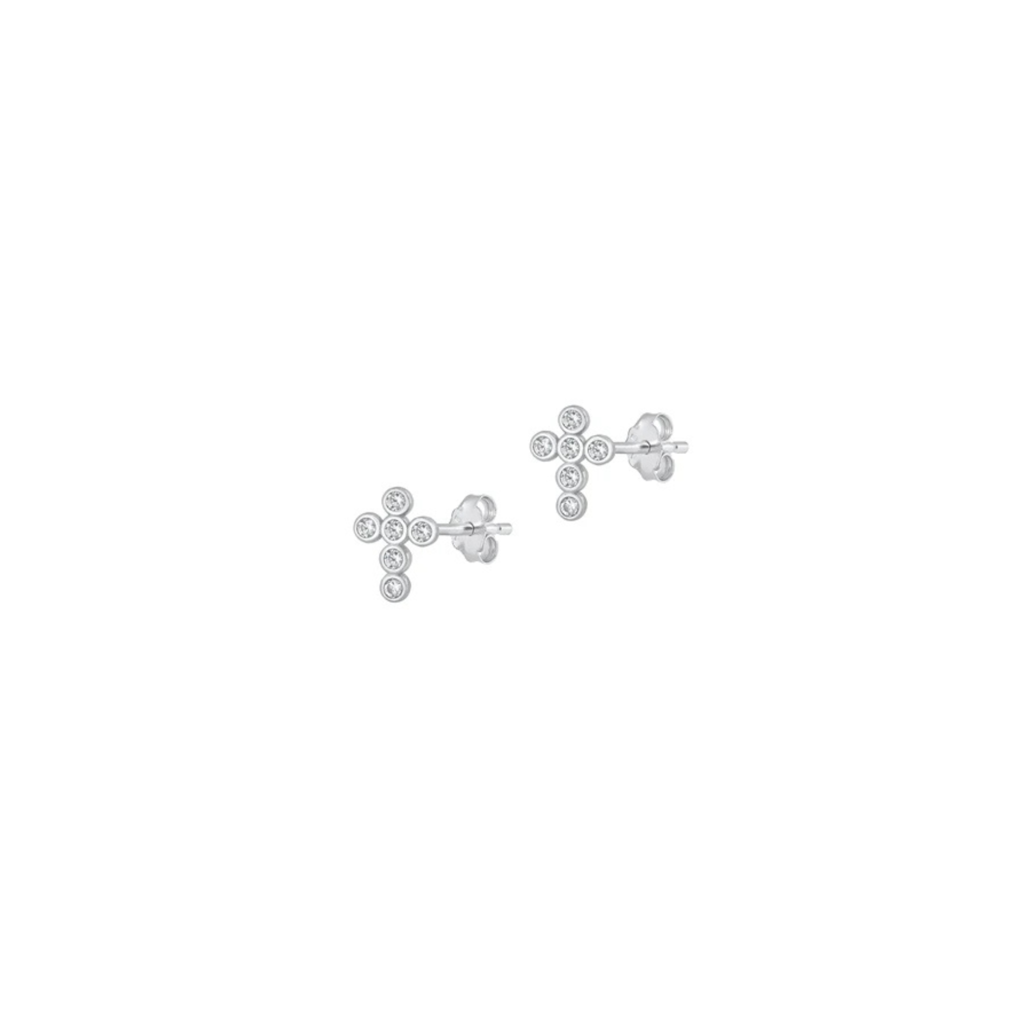 Dainty sterling silver cross stud earrings with clear cubic zirconia stones
