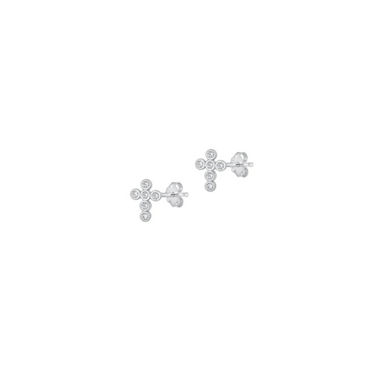 Dainty sterling silver cross stud earrings with clear cubic zirconia stones