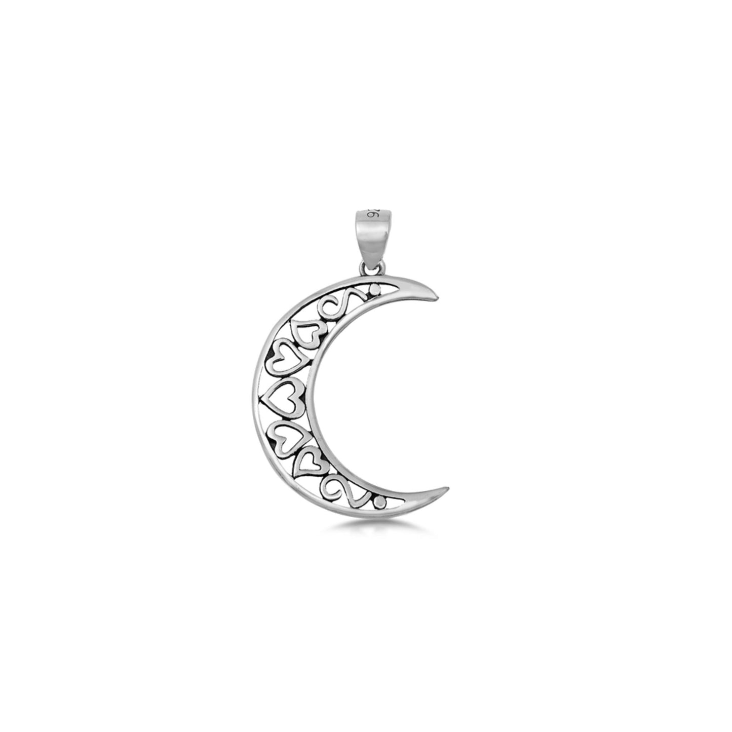 925 sterling silver crescent moon pendant with heart details, celestial silver jewelry, romantic moon charm.