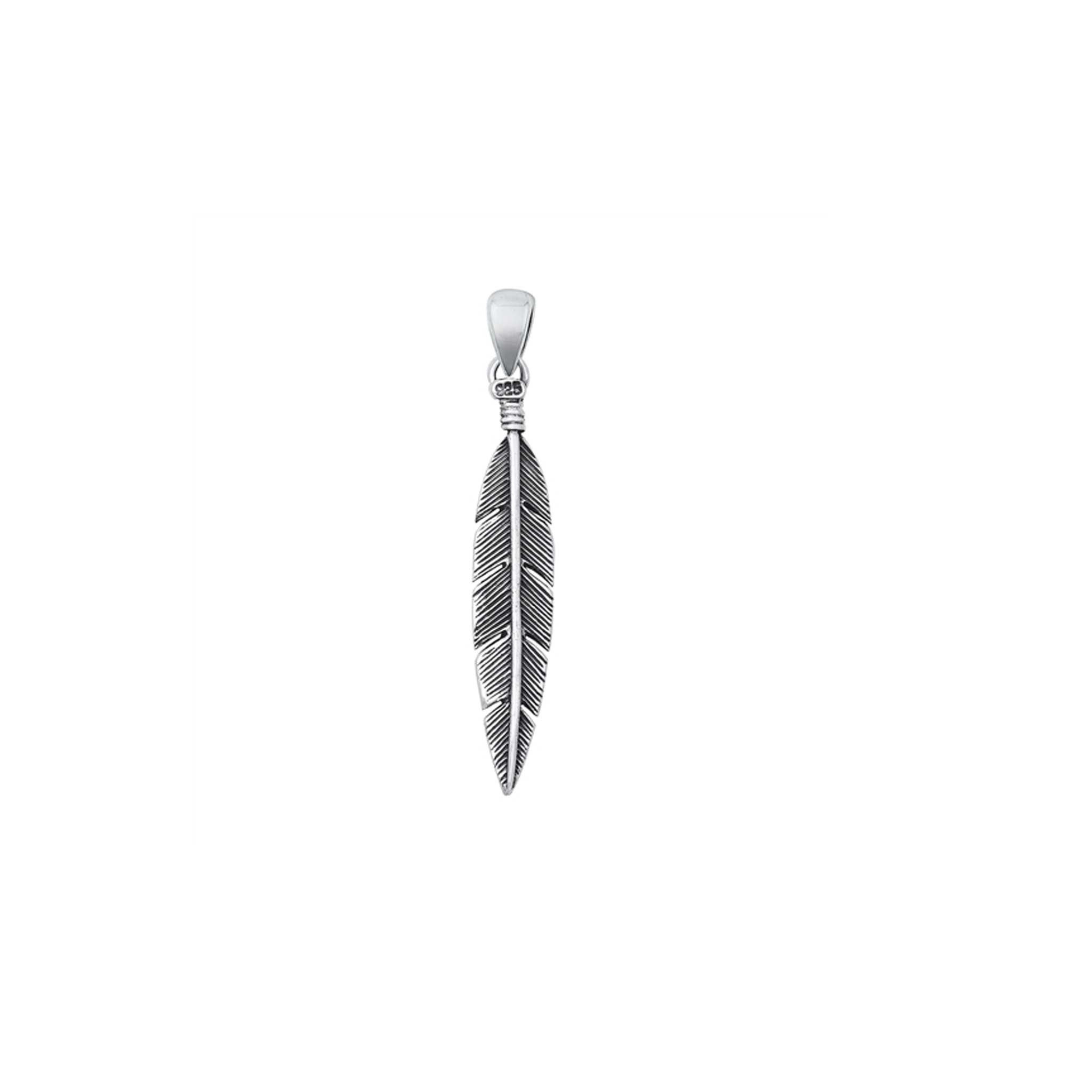 Sterling silver feather pendant, intricately detailed with an oxidized finish, symbolizing freedom and strength