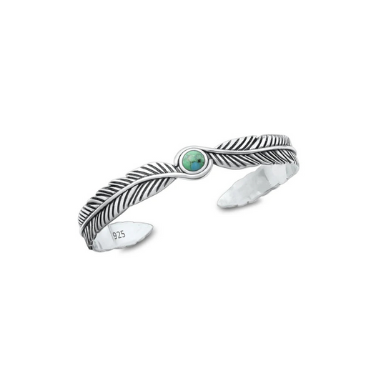 Sterling silver feather bangle bracelet with genuine turquoise and oxidised detail