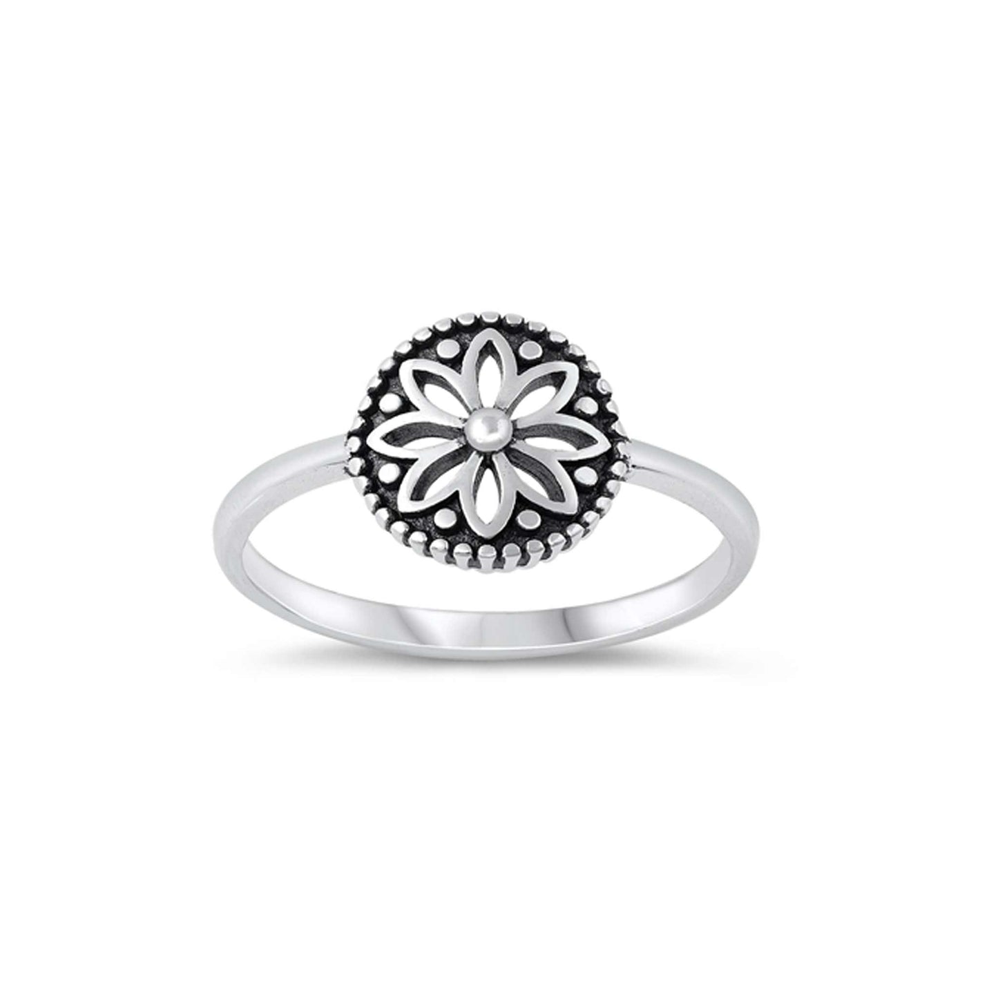 Sterling silver flower mandala ring, oxidized finish, boho-inspired design