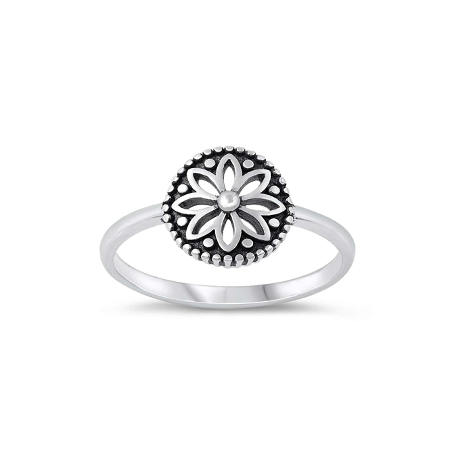 Sterling silver flower mandala ring, oxidized finish, boho-inspired design