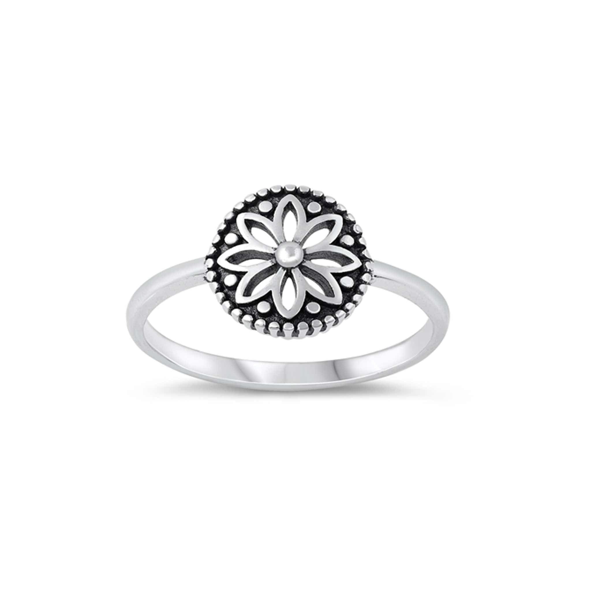 Sterling silver flower mandala ring, oxidized finish, boho-inspired design