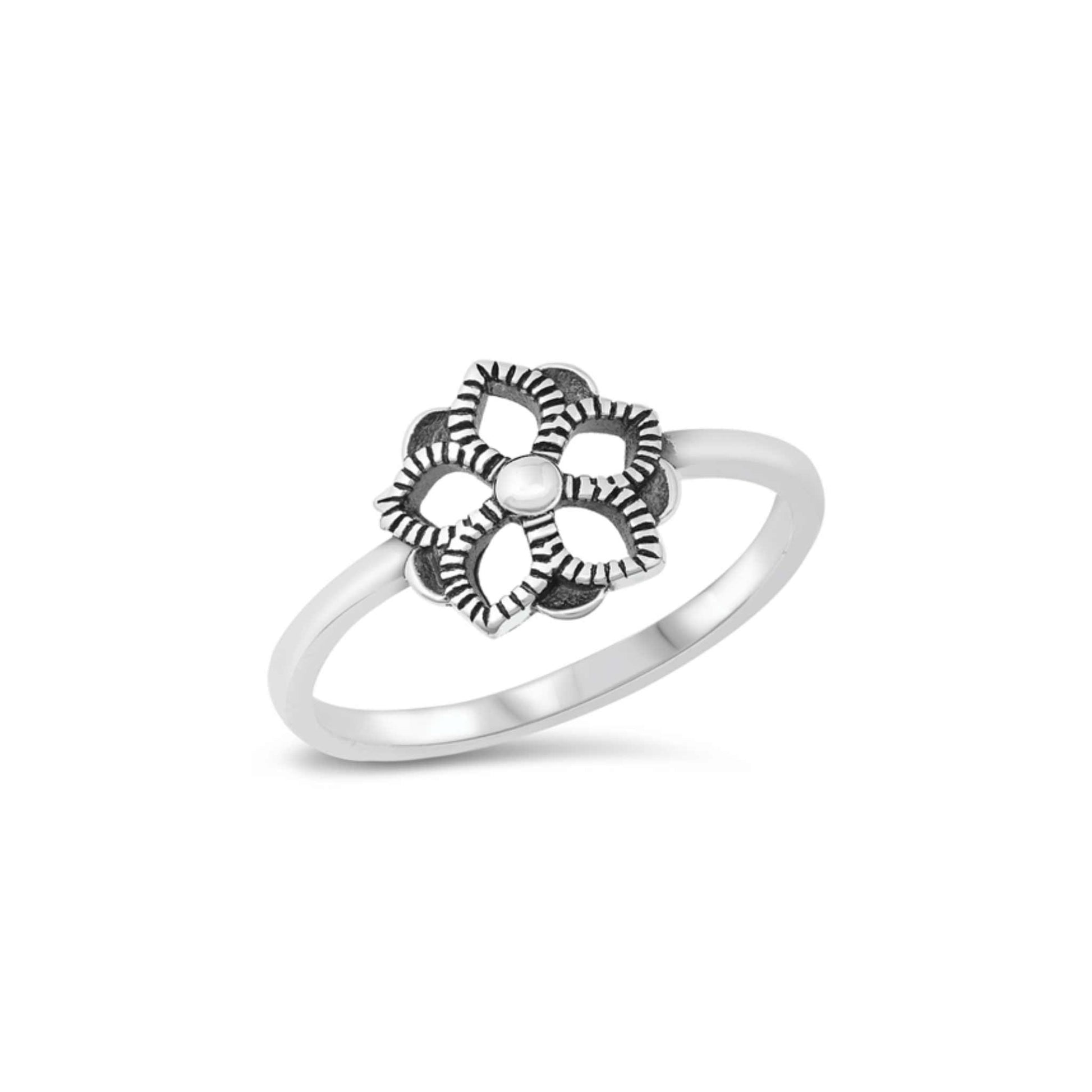 Sterling silver flower ring, oxidized finish, delicate floral design