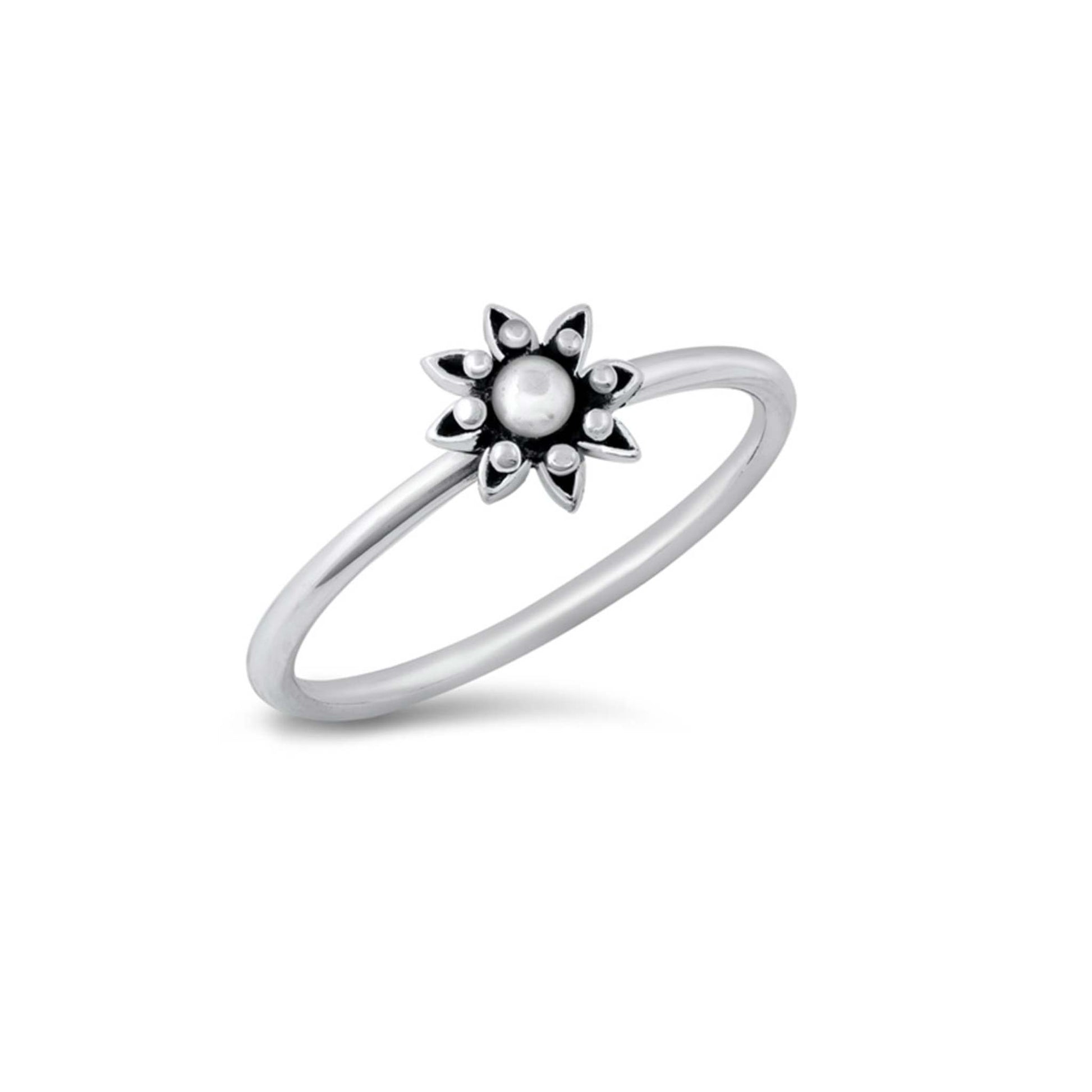 Delicate sterling silver flower ring, oxidized finish, minimalist floral design
