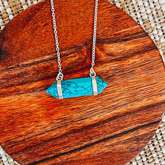 Playful turquoise gemstone necklace in sterling silver, bold and healing design for stacking or statement style.