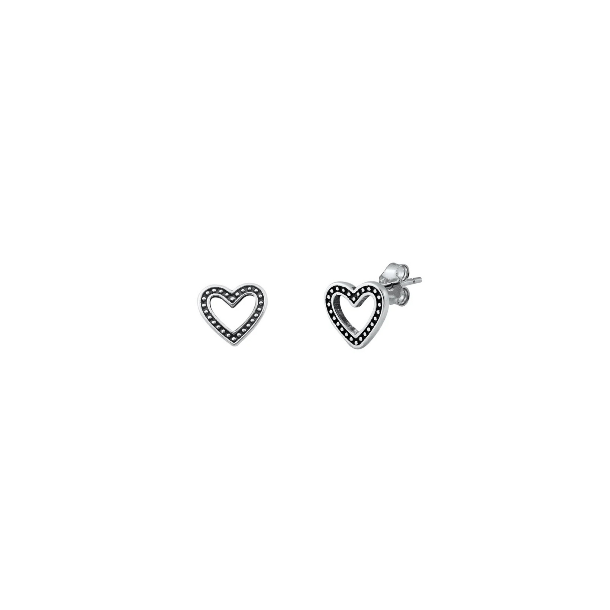 925 sterling silver open heart stud earrings with oxidised dotted detailing