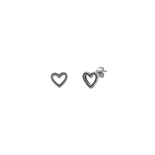 925 sterling silver open heart stud earrings with oxidised dotted detailing