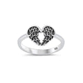 Sterling silver heart wings ring, oxidized finish, angel wing design