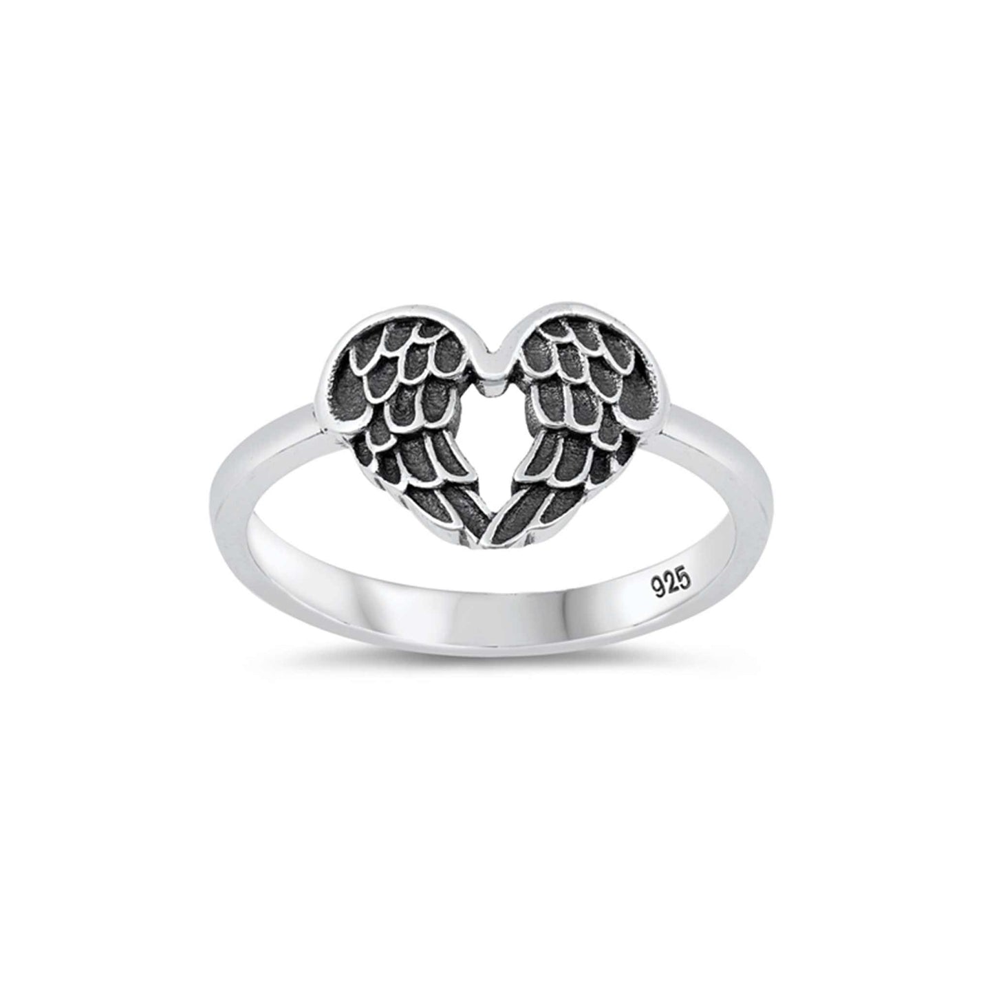 Sterling silver heart wings ring, oxidized finish, angel wing design