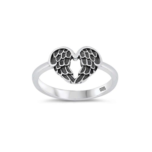 Sterling silver heart wings ring, oxidized finish, angel wing design