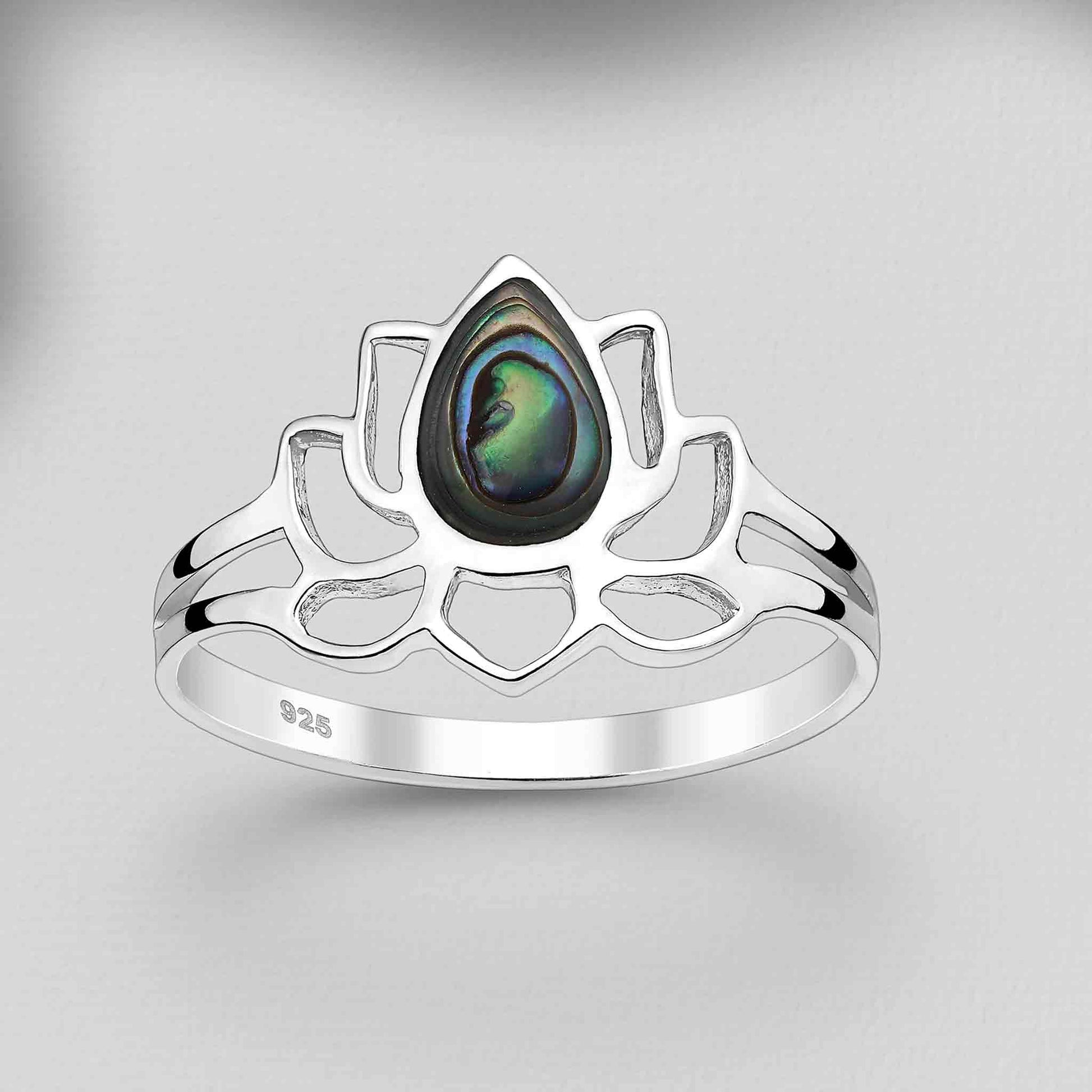 Sterling silver lotus ring with abalone shell, boho spiritual jewelry, nature-inspired design