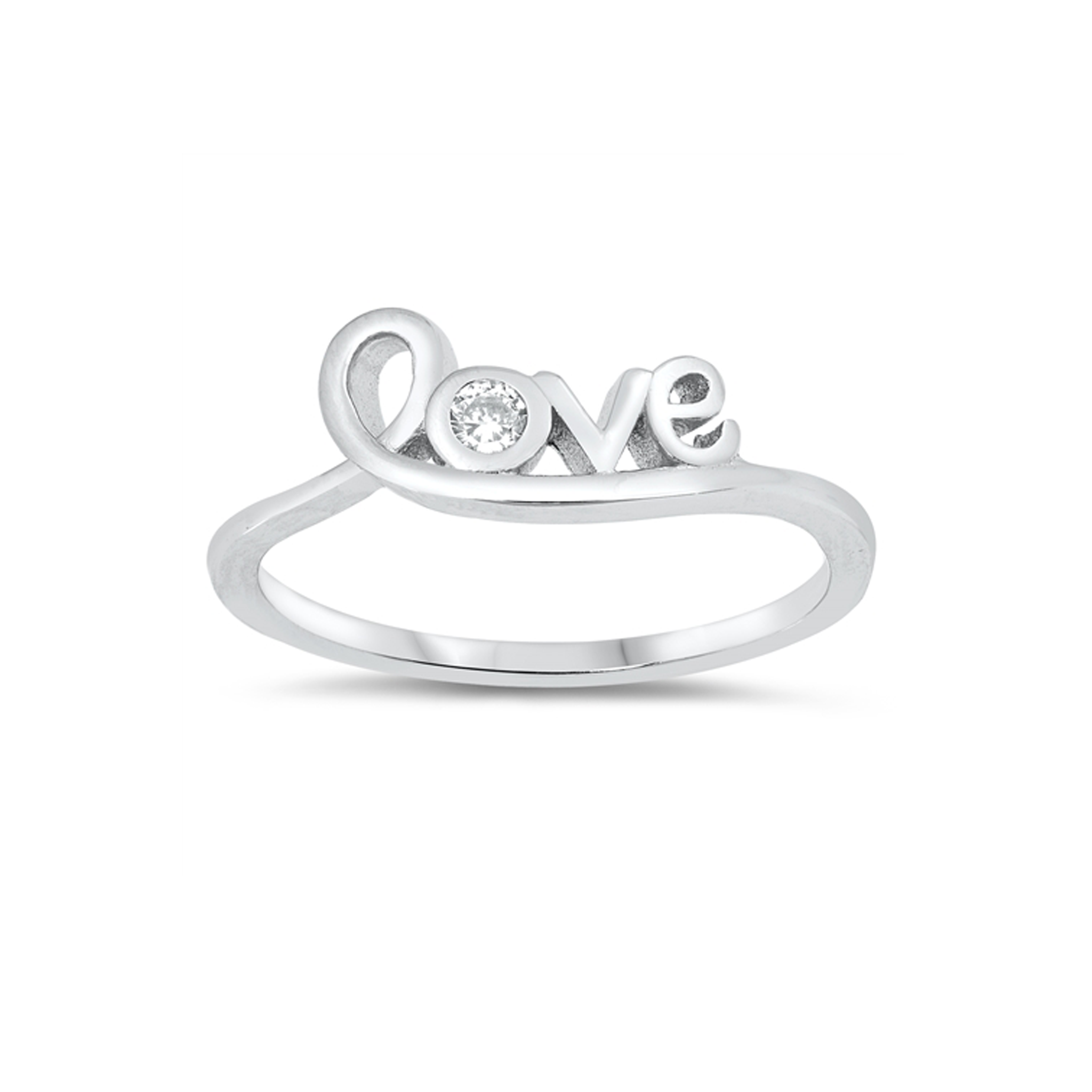 Dainty sterling silver 'Love' ring with a sparkling clear CZ stone, perfect for everyday wear or as a sentimental gift.