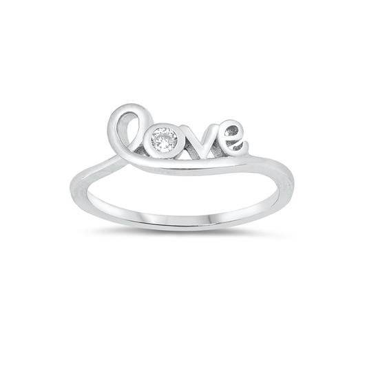 Dainty sterling silver 'Love' ring with a sparkling clear CZ stone, perfect for everyday wear or as a sentimental gift.