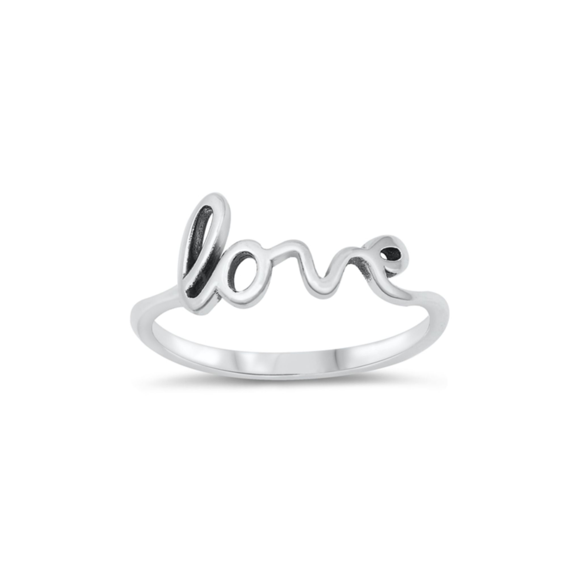 Sterling silver love ring, dainty cursive script, minimalist romantic jewelry
