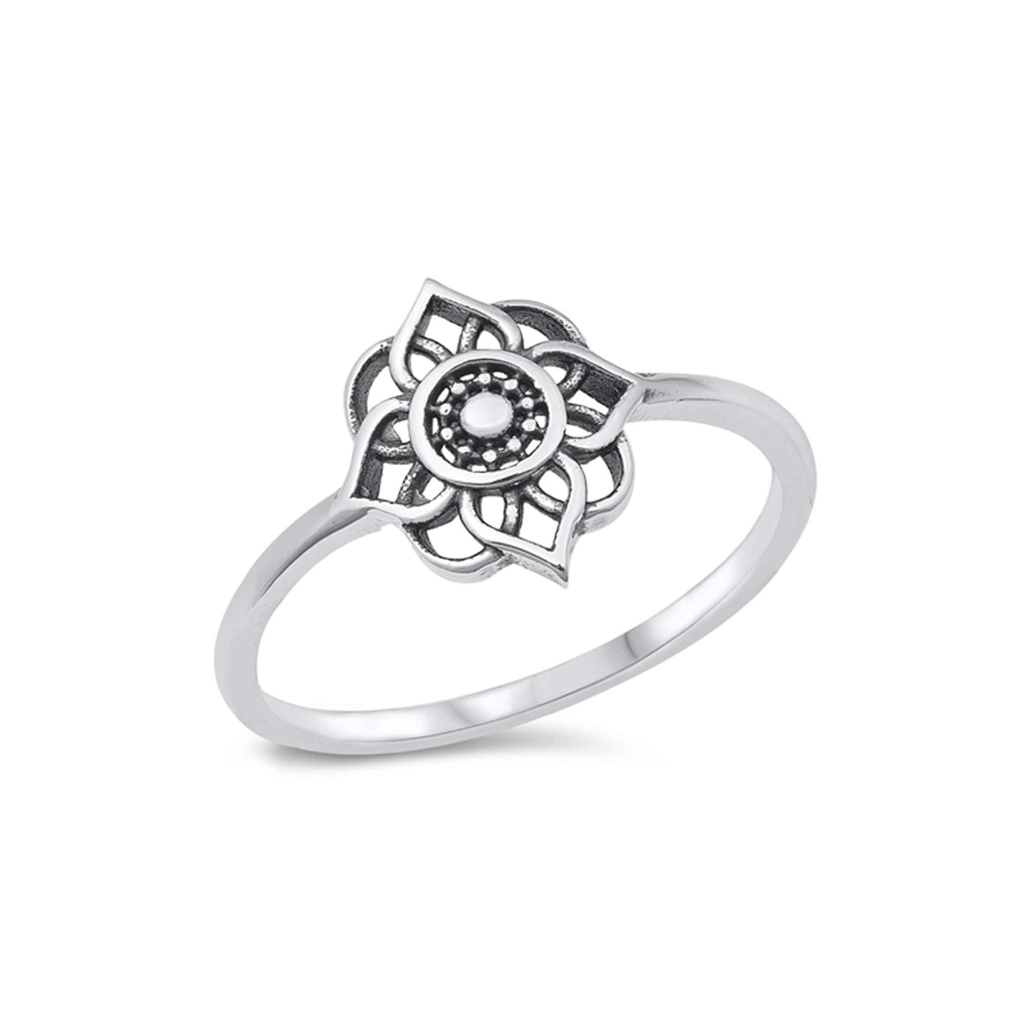 Sterling silver mandala ring, boho spiritual jewelry, intricate floral-inspired design