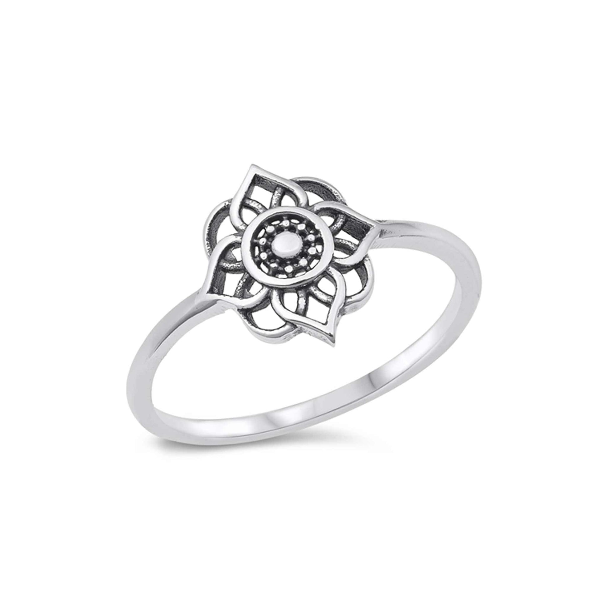 Sterling silver mandala ring, boho spiritual jewelry, intricate floral-inspired design