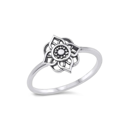 Sterling silver mandala ring, boho spiritual jewelry, intricate floral-inspired design