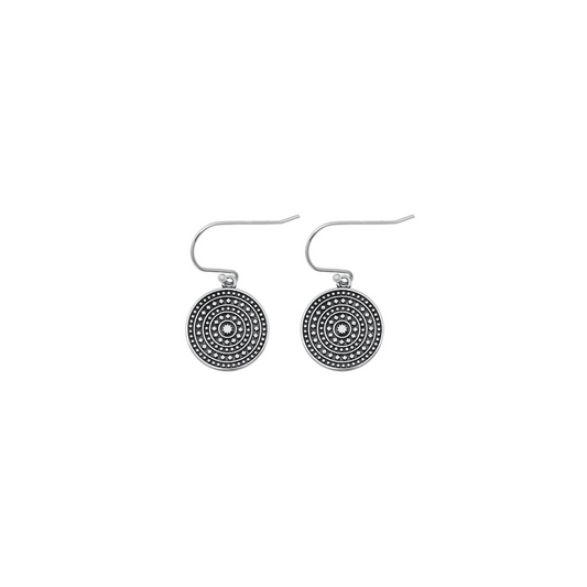 925 sterling silver mandala drop earrings with oxidised dotted pattern.