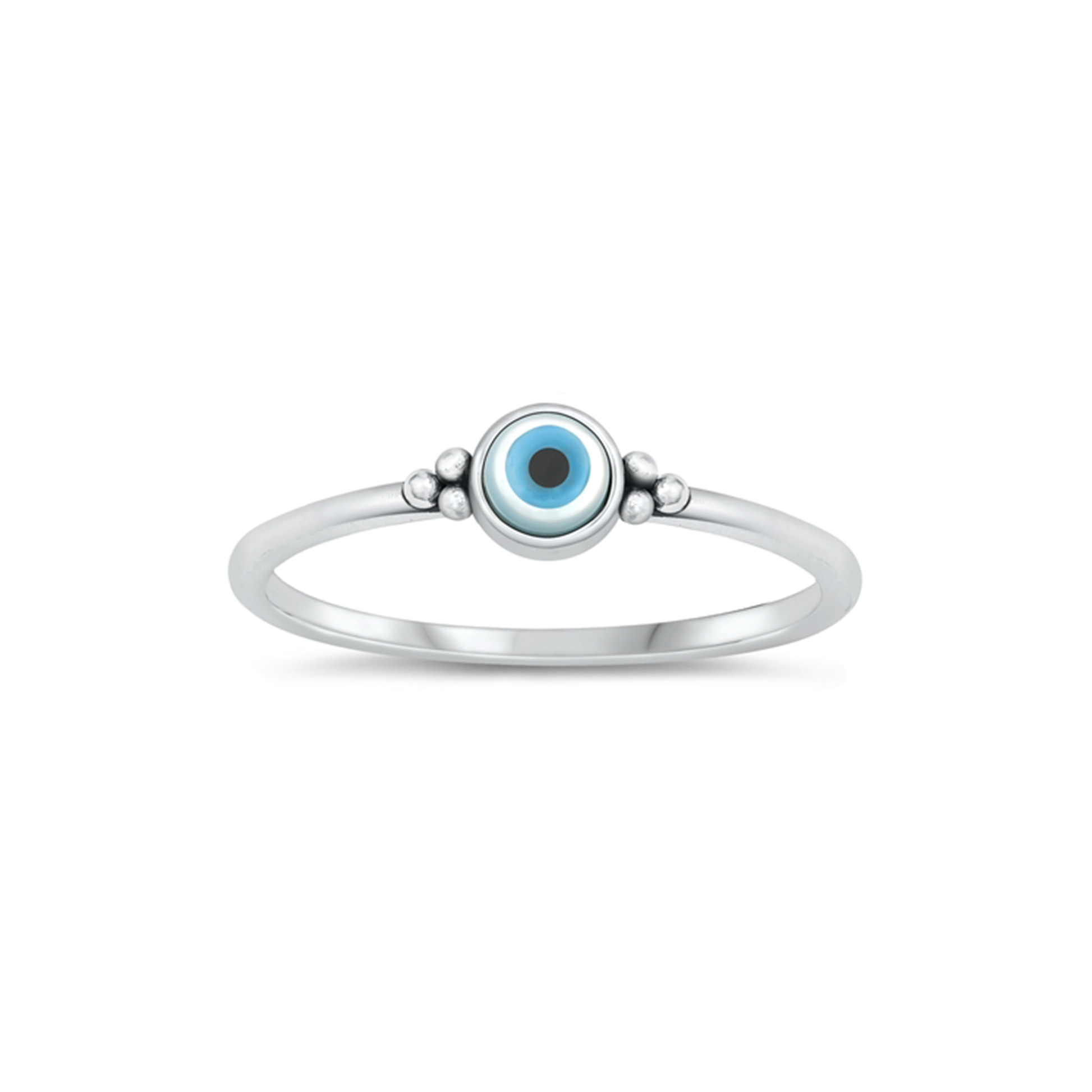 Sterling silver evil eye ring with blue Mother of Pearl stone, protective jewelry