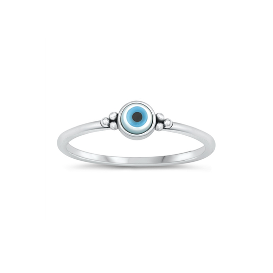 Sterling silver evil eye ring with blue Mother of Pearl stone, protective jewelry
