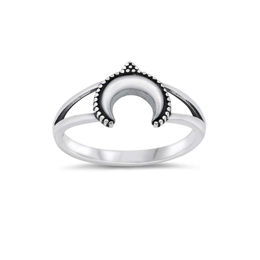 Crescent moon sterling silver ring, oxidized celestial design, boho-inspired jewelry